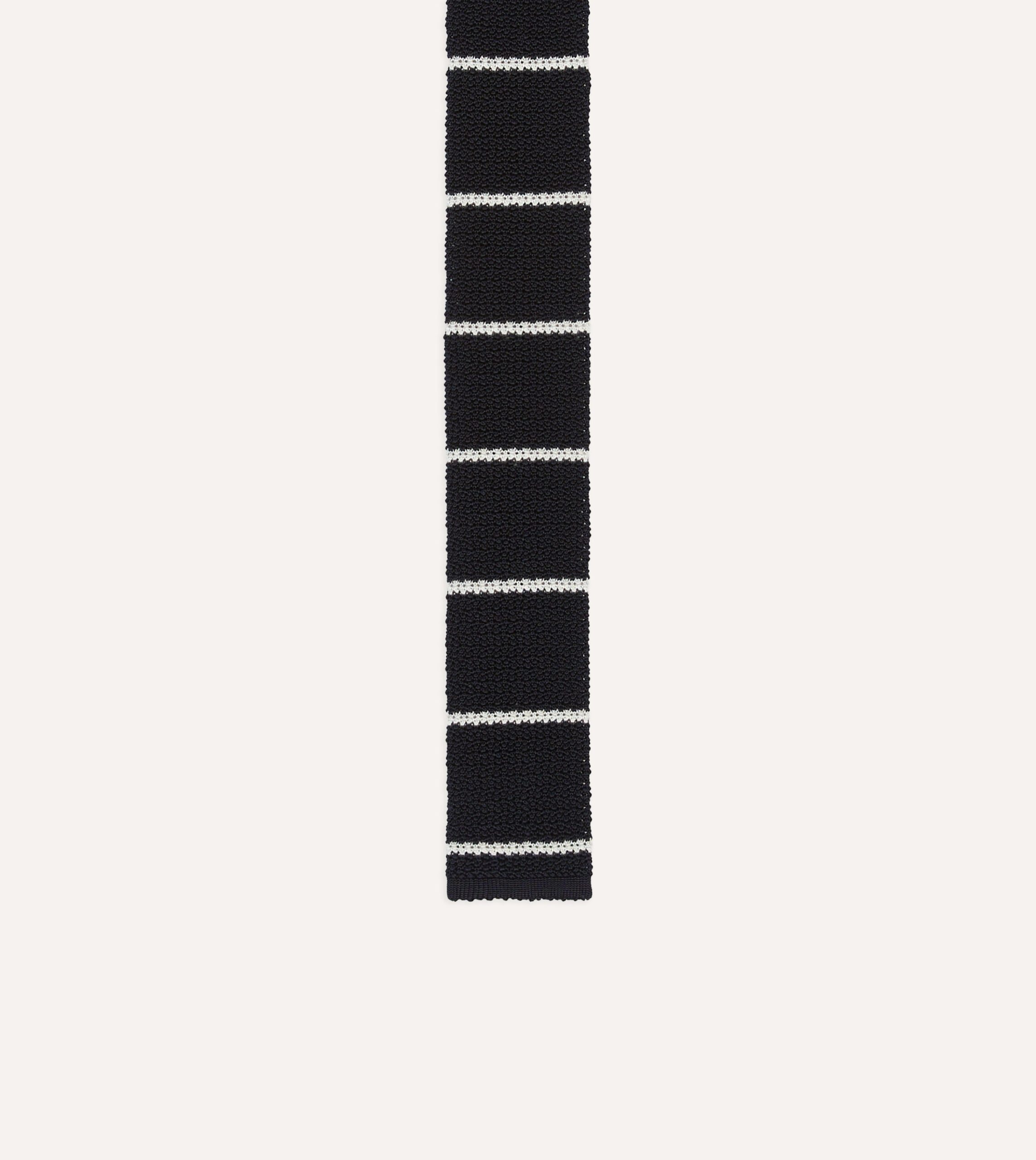 St. JOHN by Drake's Navy Butcher's Stripe Knitted Silk Tie - Image 3