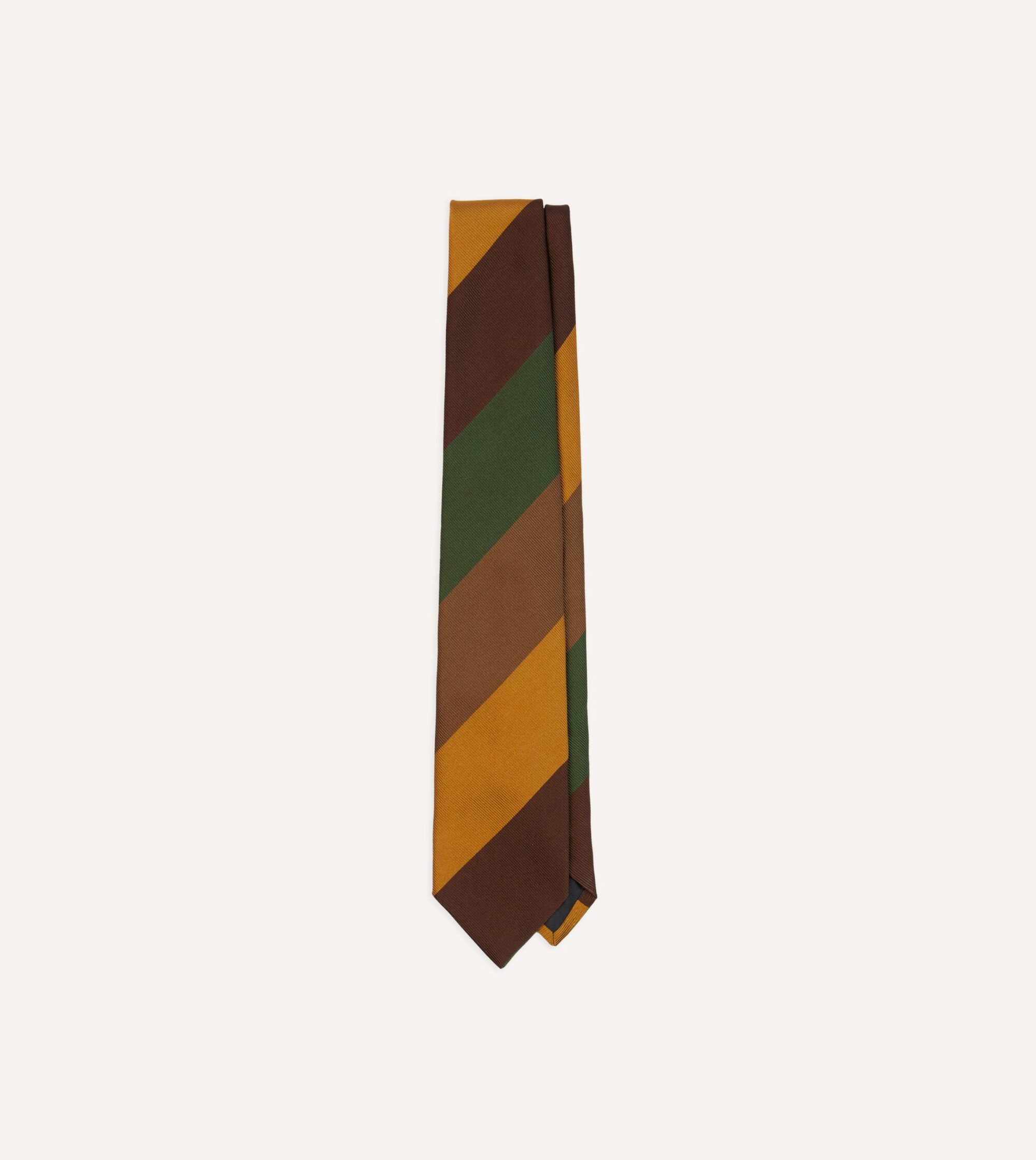 Brown. Green and Yellow Wide Stripe Repp Silk Cotton Tipped Tie
