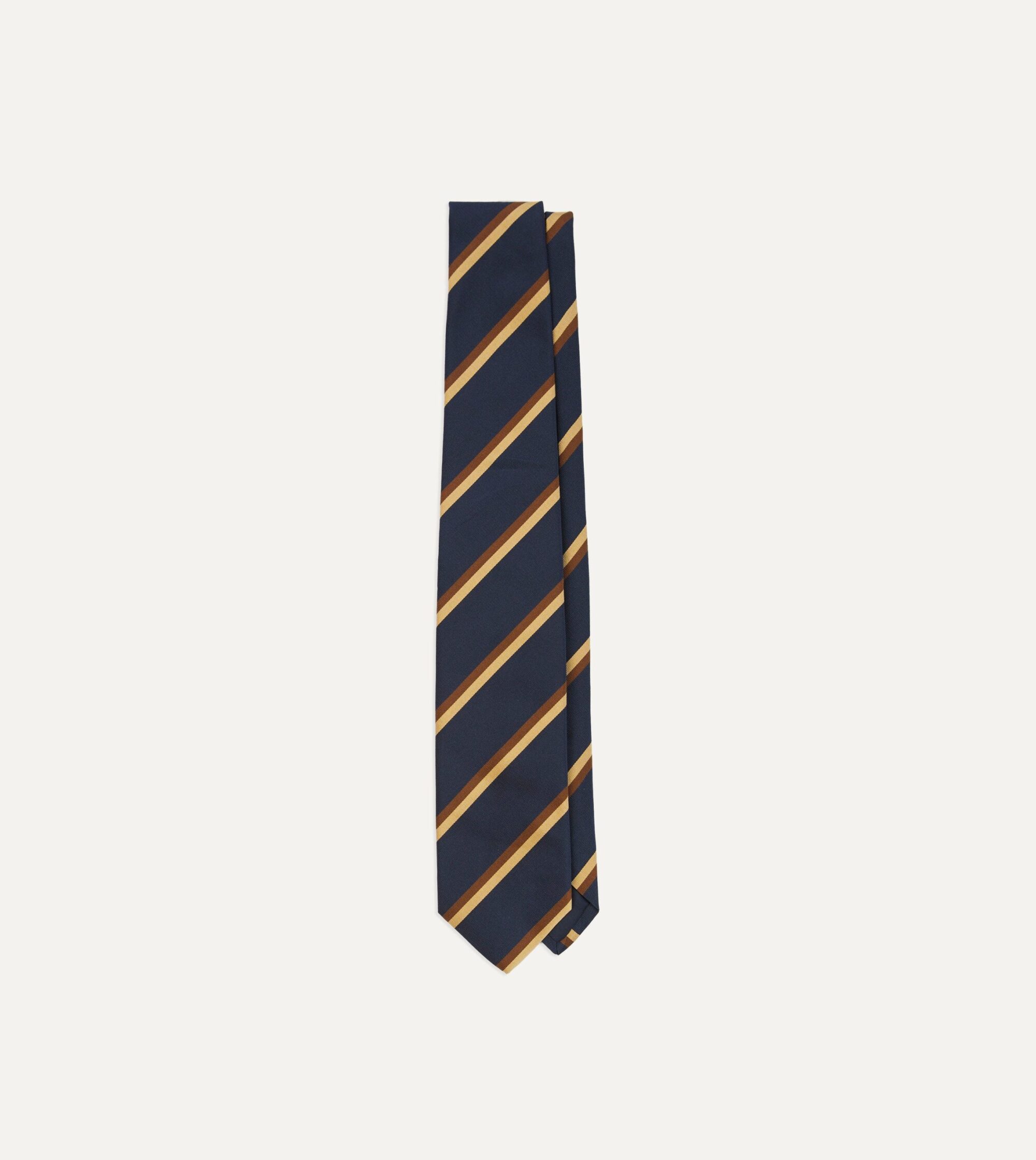 Gold. Navy and Brown Double Stripe Mogador Silk Tipped Tie
