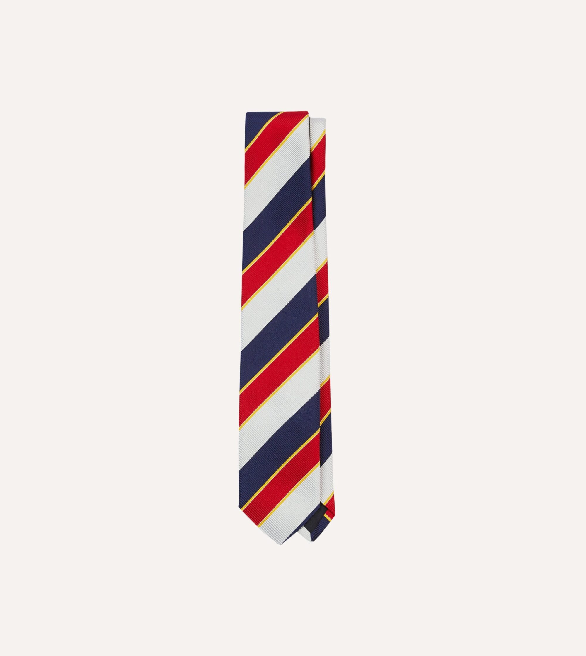 Navy. Red and White Block Stripe Repp Silk Tipped Tie