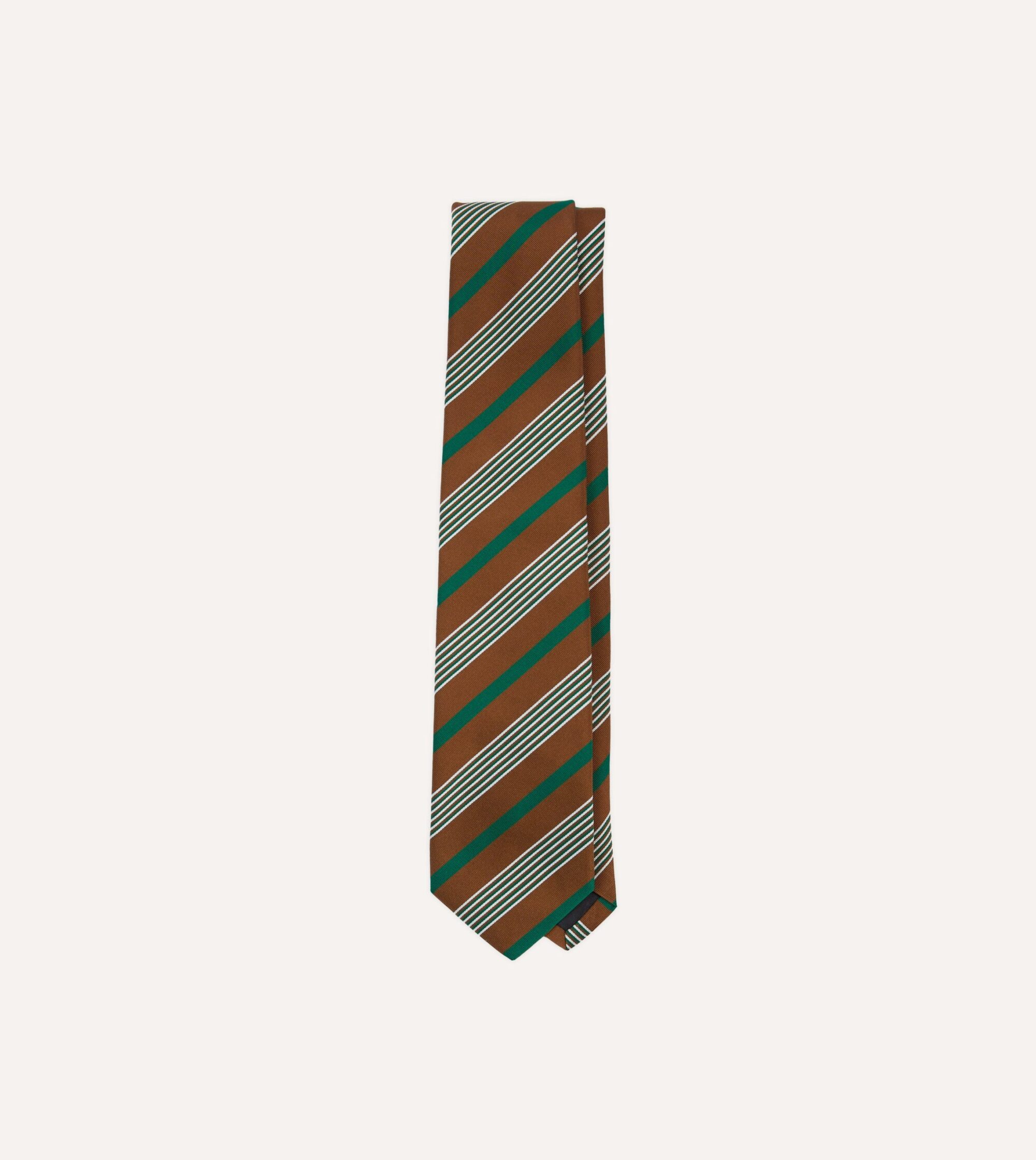 Brown. Green and White Multi Stripe Mogador Silk Tipped Tie