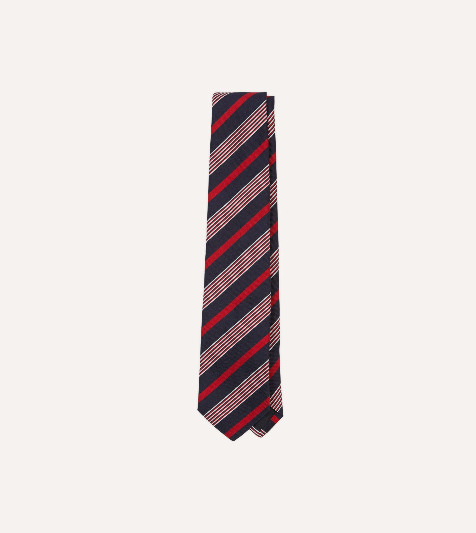 Navy. White and Red Multi Stripe Mogador Silk Tipped Tie