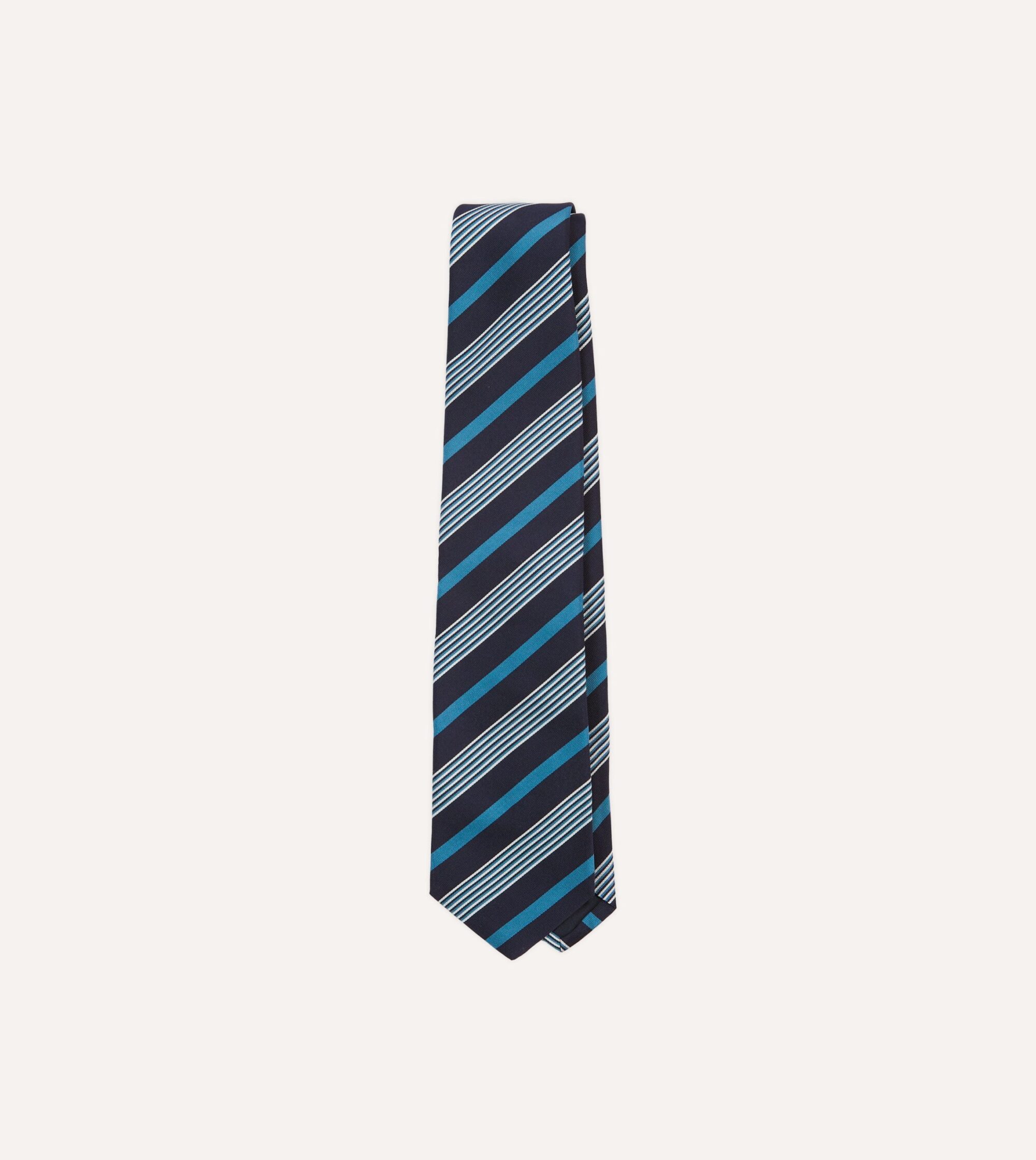 Navy. Blue and White Multi Stripe Mogador Silk Tipped Tie