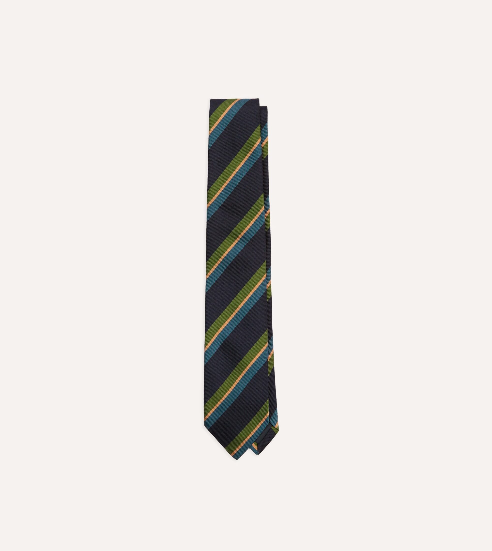 Navy. Green and Blue Sandwich Stripe Repp Silk Tipped Tie