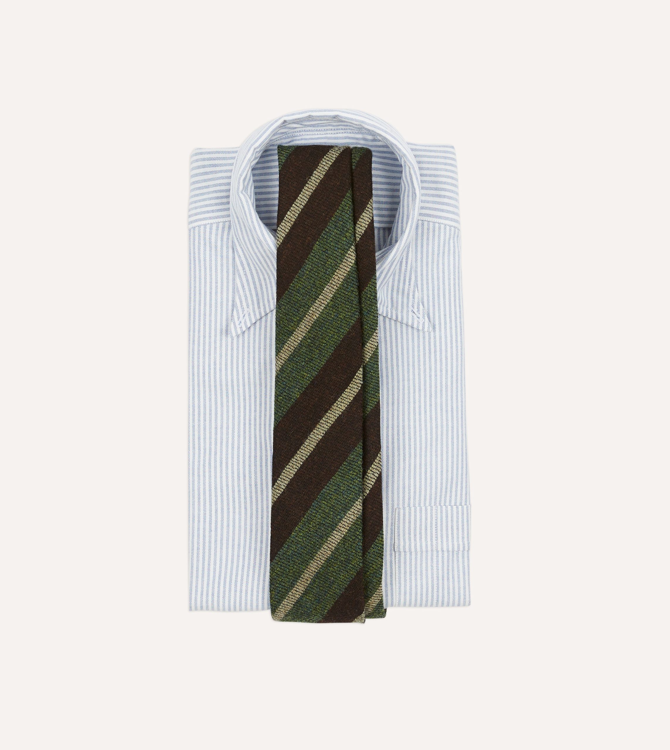 Brown and Green Block Stripe Herringbone Hand Rolled Shetland Wool Tie - Image 2