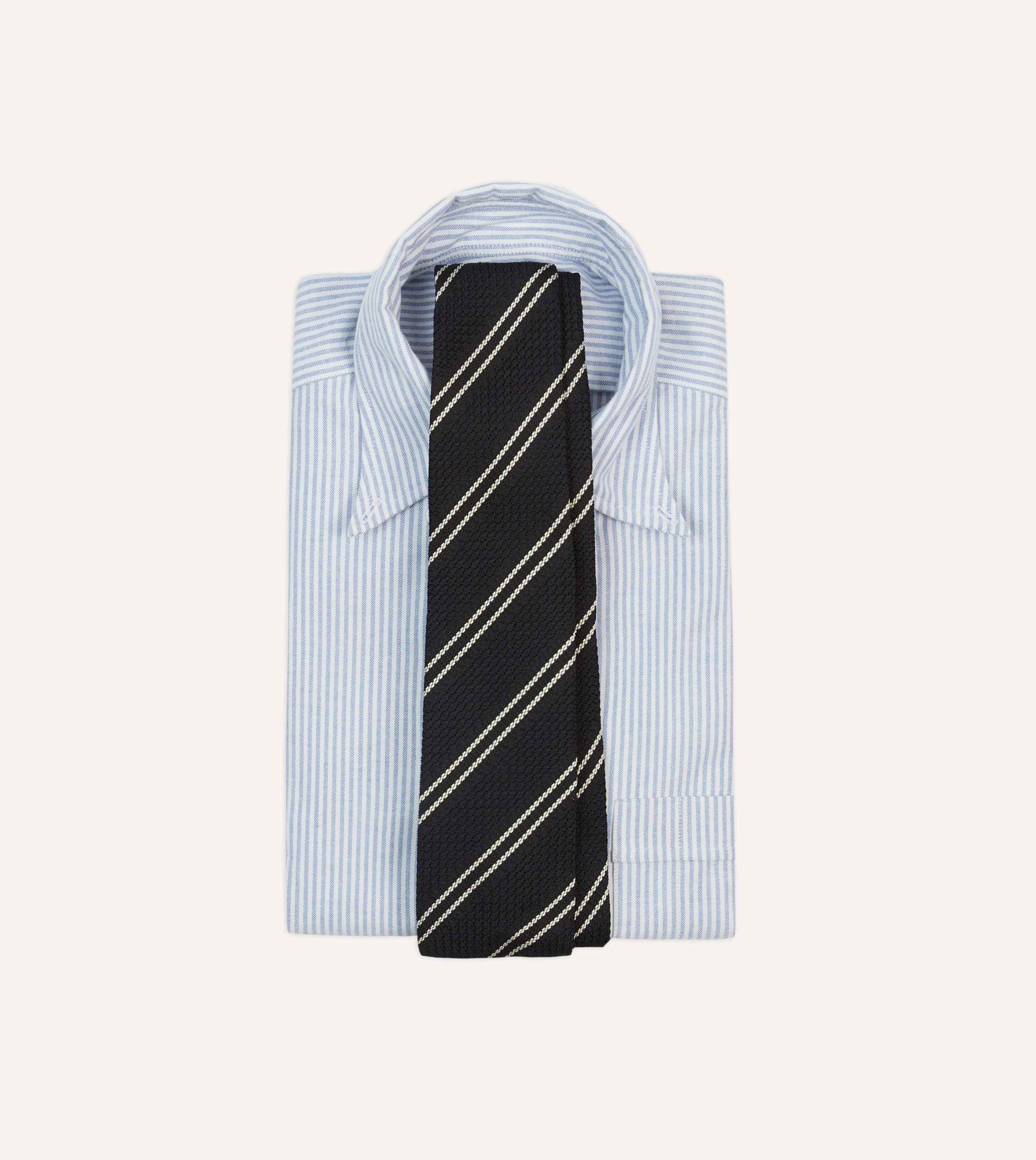 Navy Double Stripe Hand Rolled Silk Grenadine Tie - Image 2