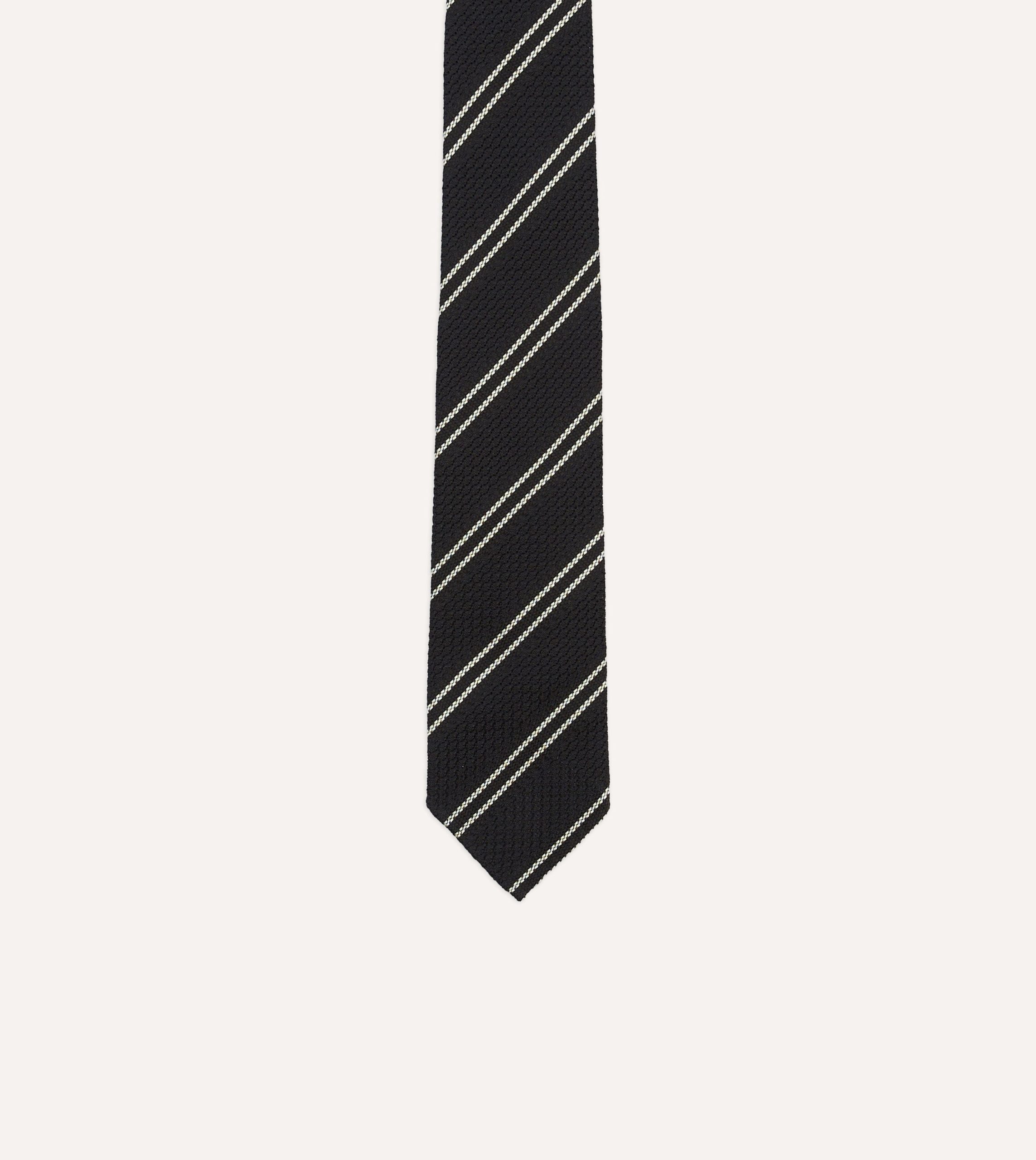 Navy Double Stripe Hand Rolled Silk Grenadine Tie - Image 3