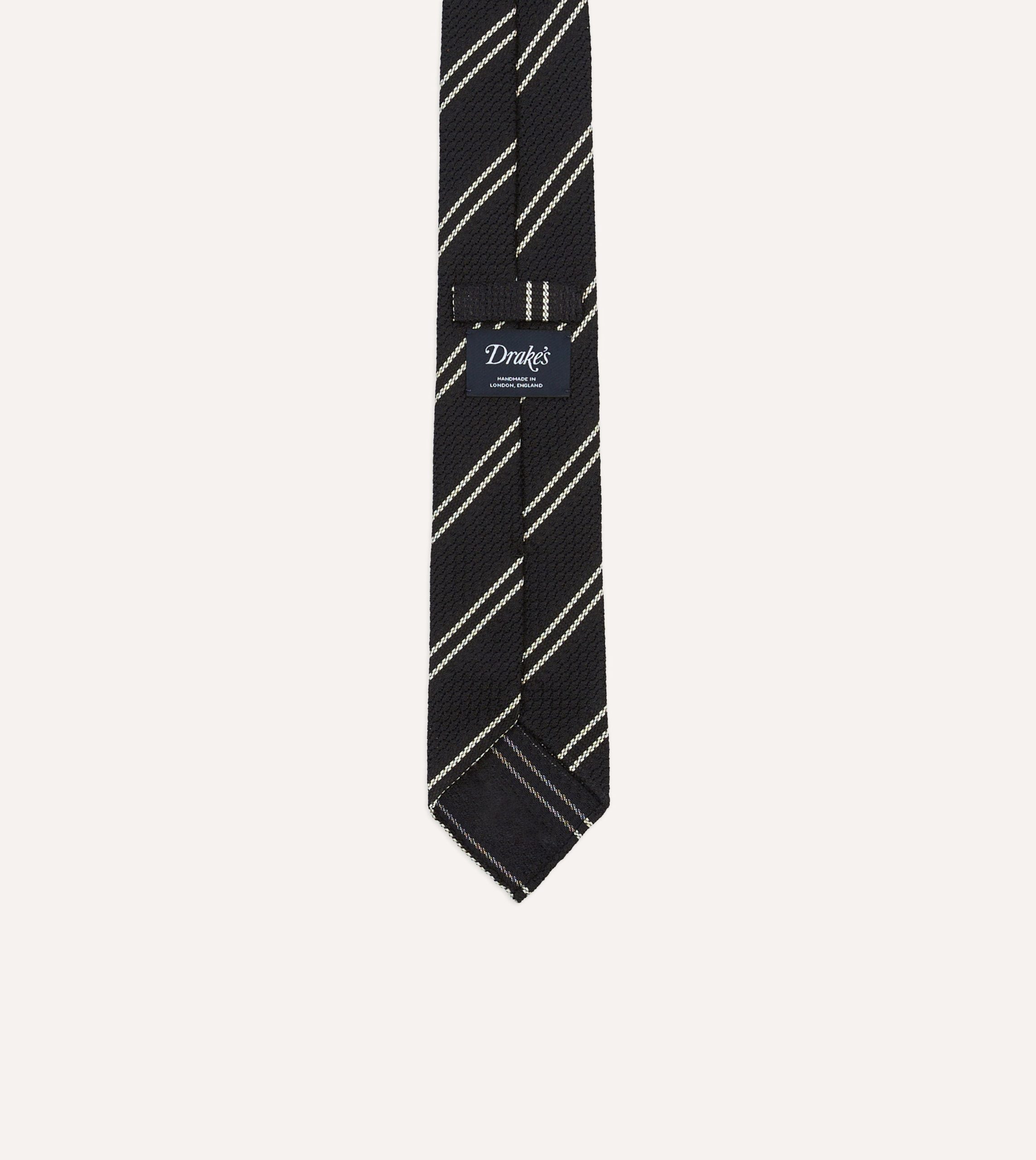 Navy Double Stripe Hand Rolled Silk Grenadine Tie - Image 4