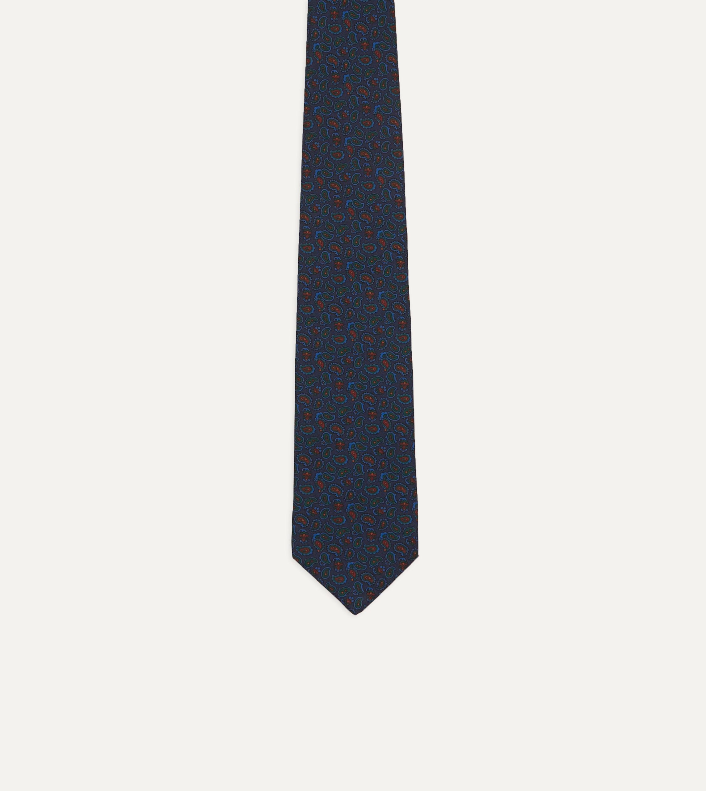 Navy and Red Paisley Print Silk Twill Self Tipped Tie - Image 4