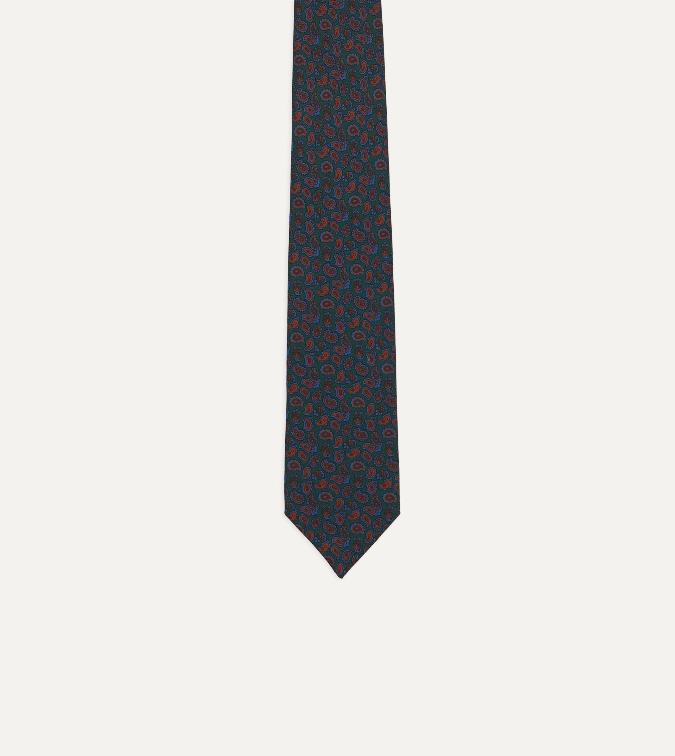 Green and Red Paisley Print Silk Twill Self Tipped Tie - Image 3