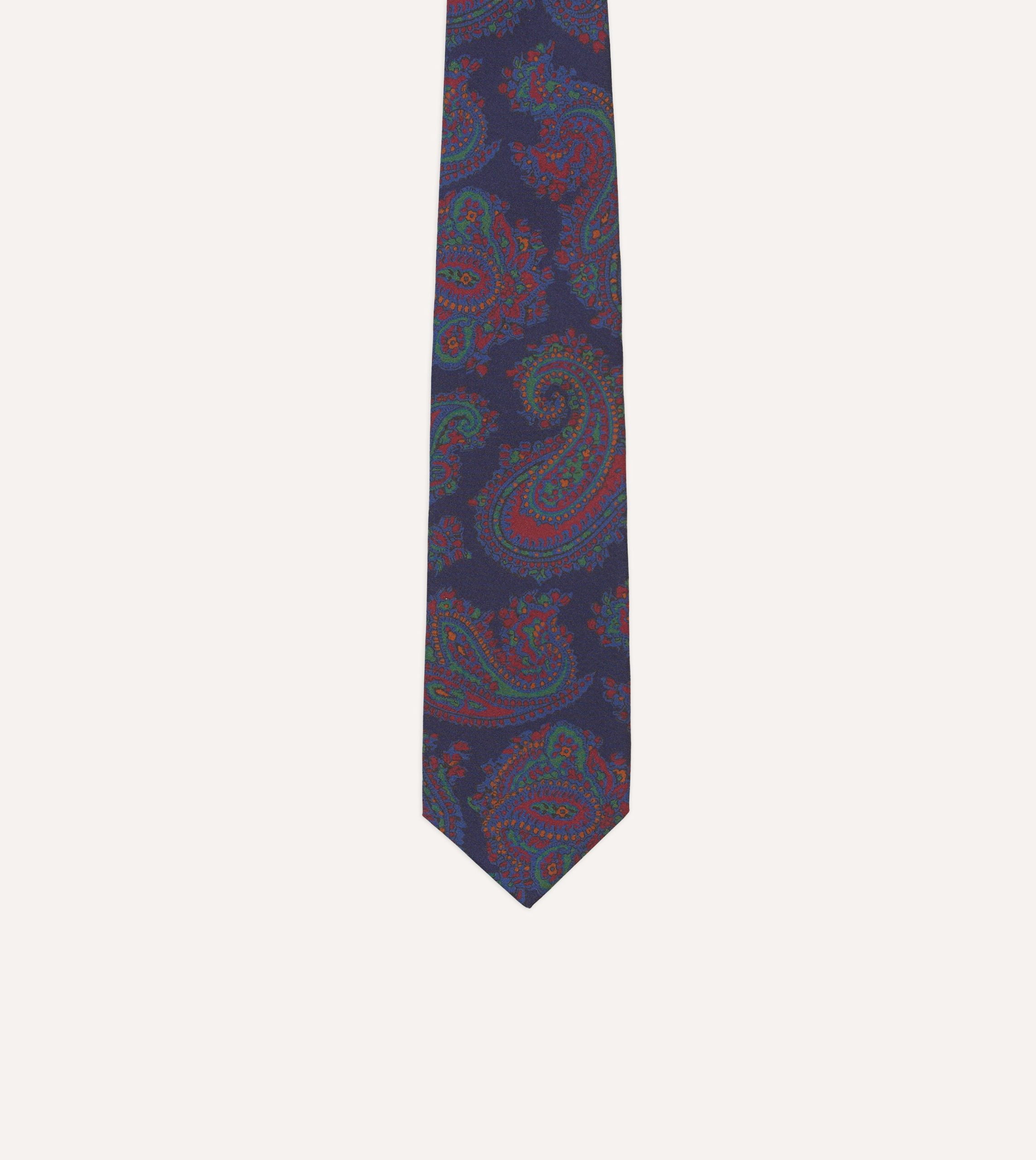 Navy Paisley Print Madder Silk Self-Tipped Tie - Image 3