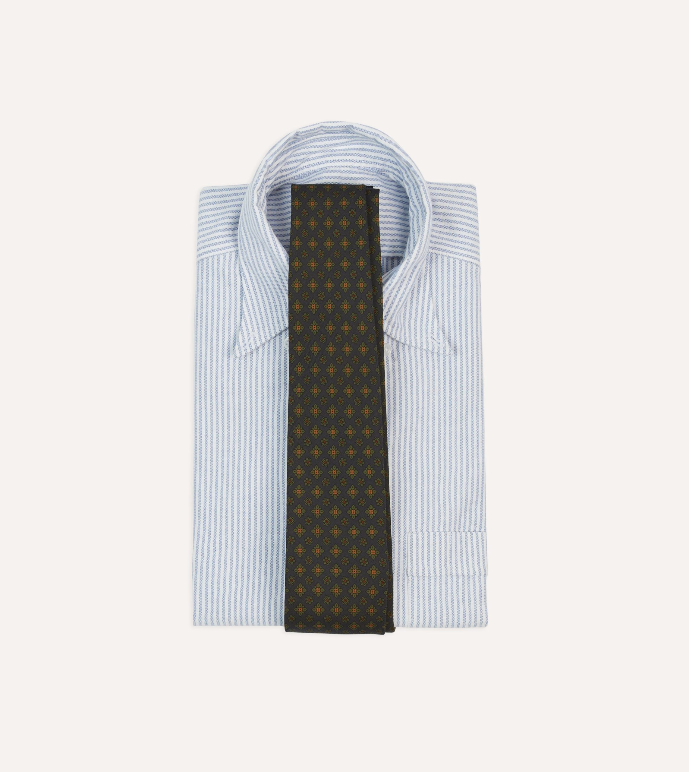 Navy Square Floral Medallion Print Wool-Silk Self Tipped Tie - Image 2