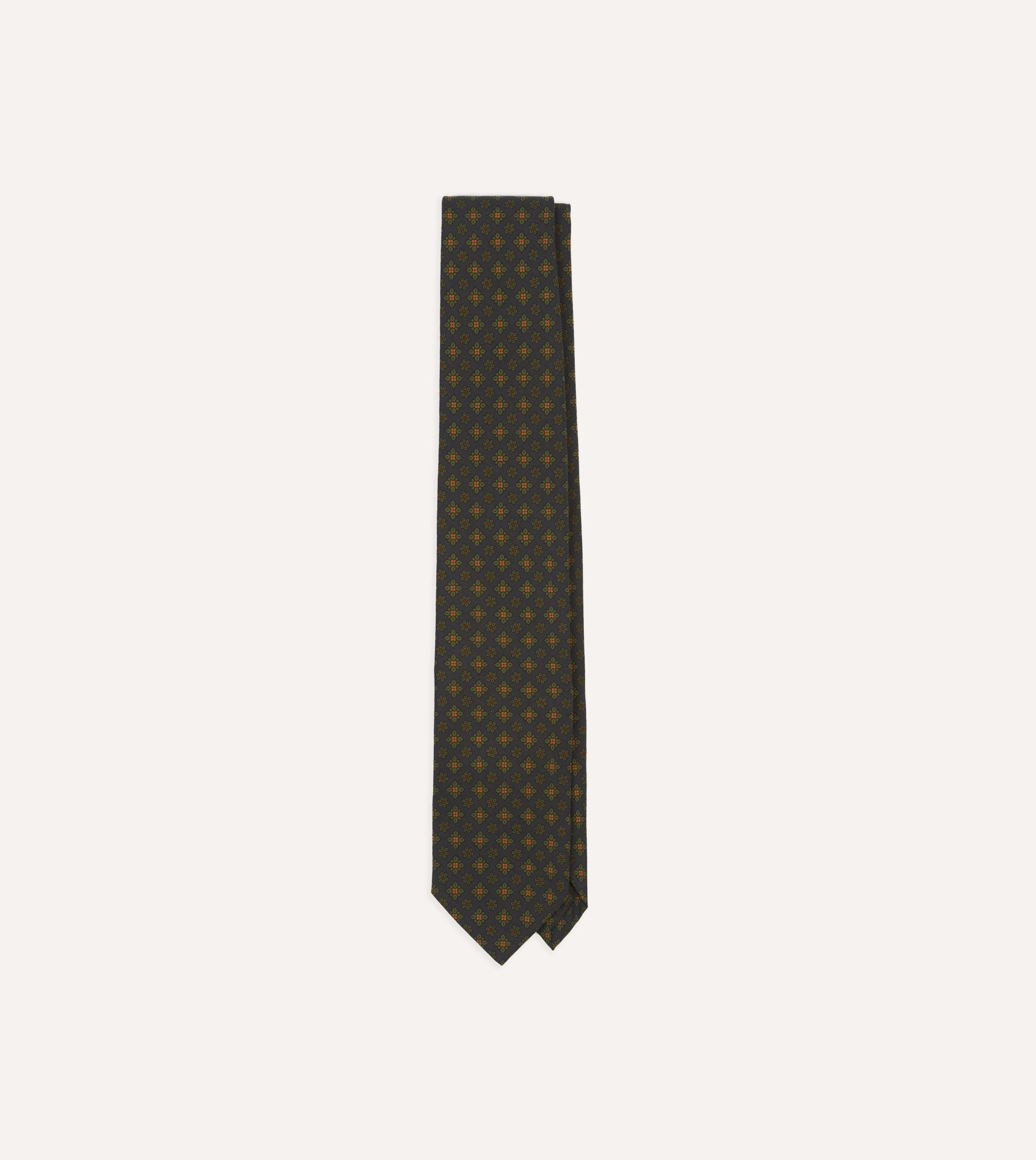 Navy Square Floral Medallion Print Wool-Silk Self Tipped Tie