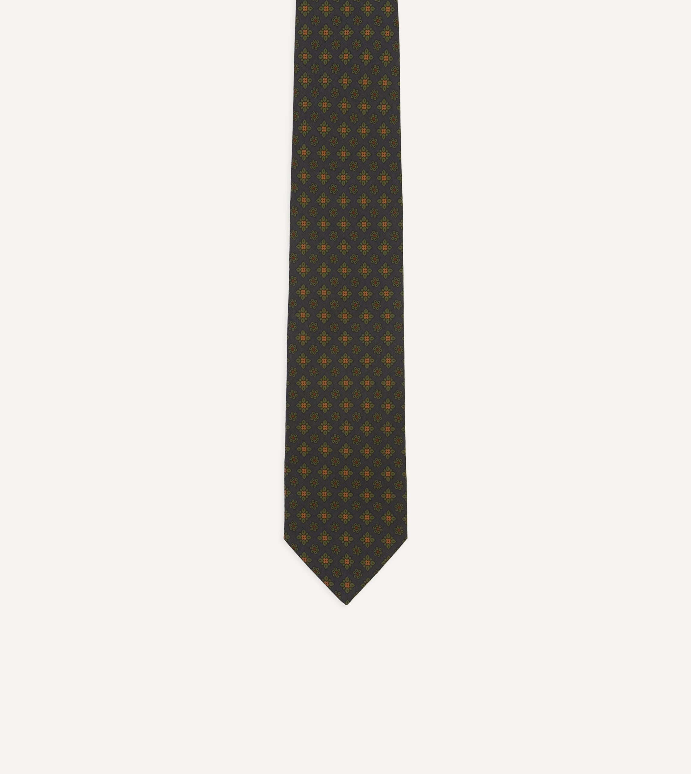 Navy Square Floral Medallion Print Wool-Silk Self Tipped Tie - Image 3