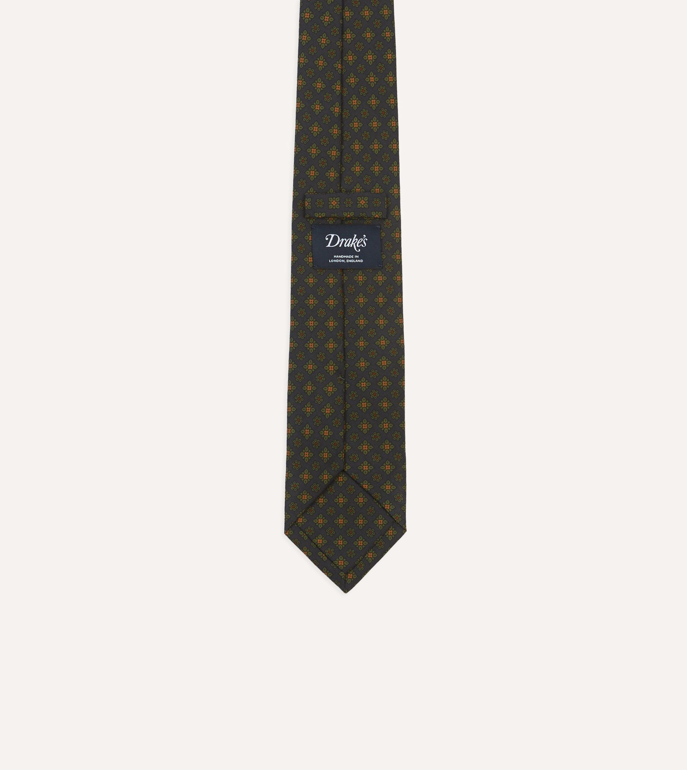 Navy Square Floral Medallion Print Wool-Silk Self Tipped Tie - Image 4
