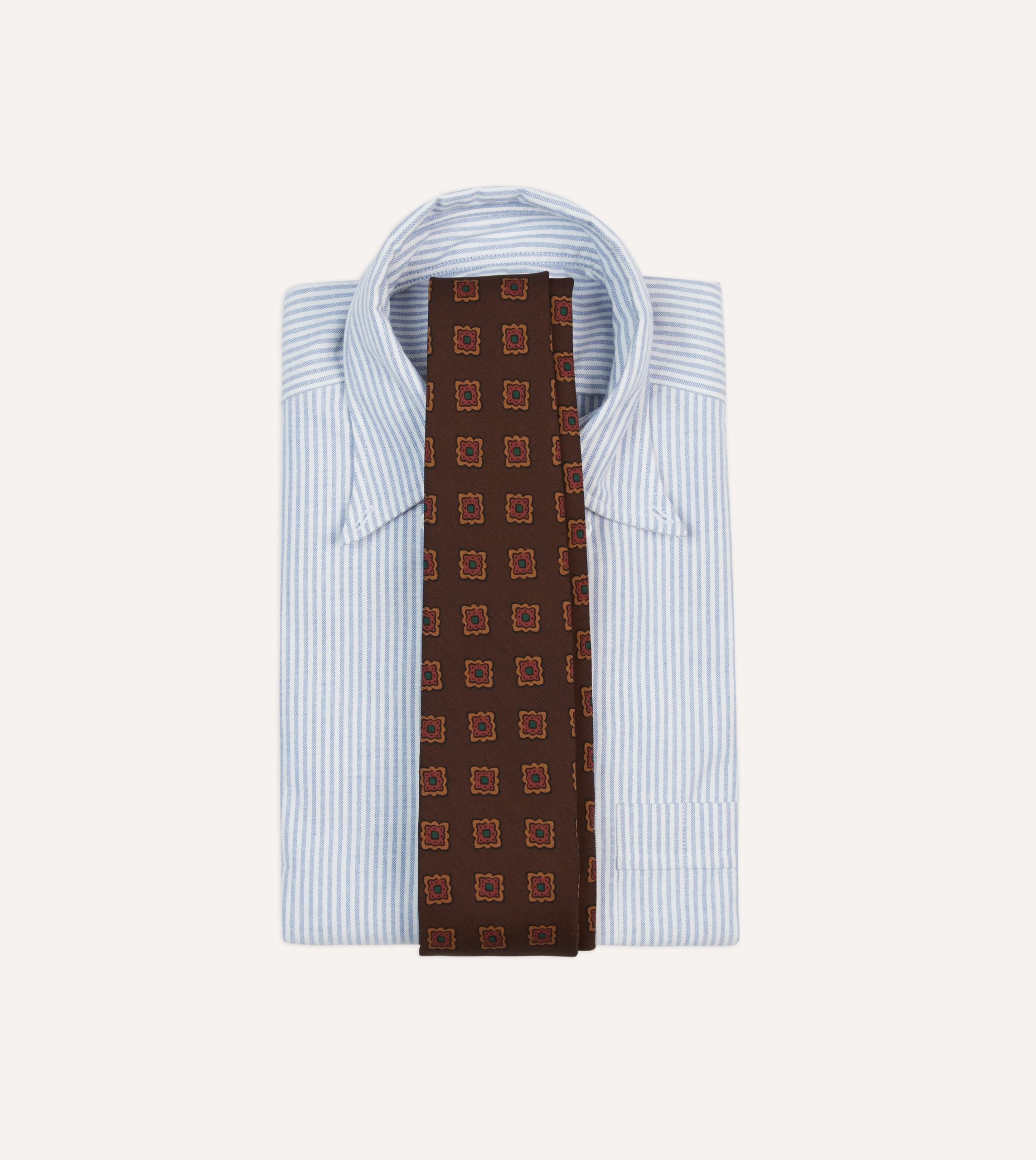 Brown Square Flower Medallion Print Wool-Silk Self Tipped Tie - Image 2