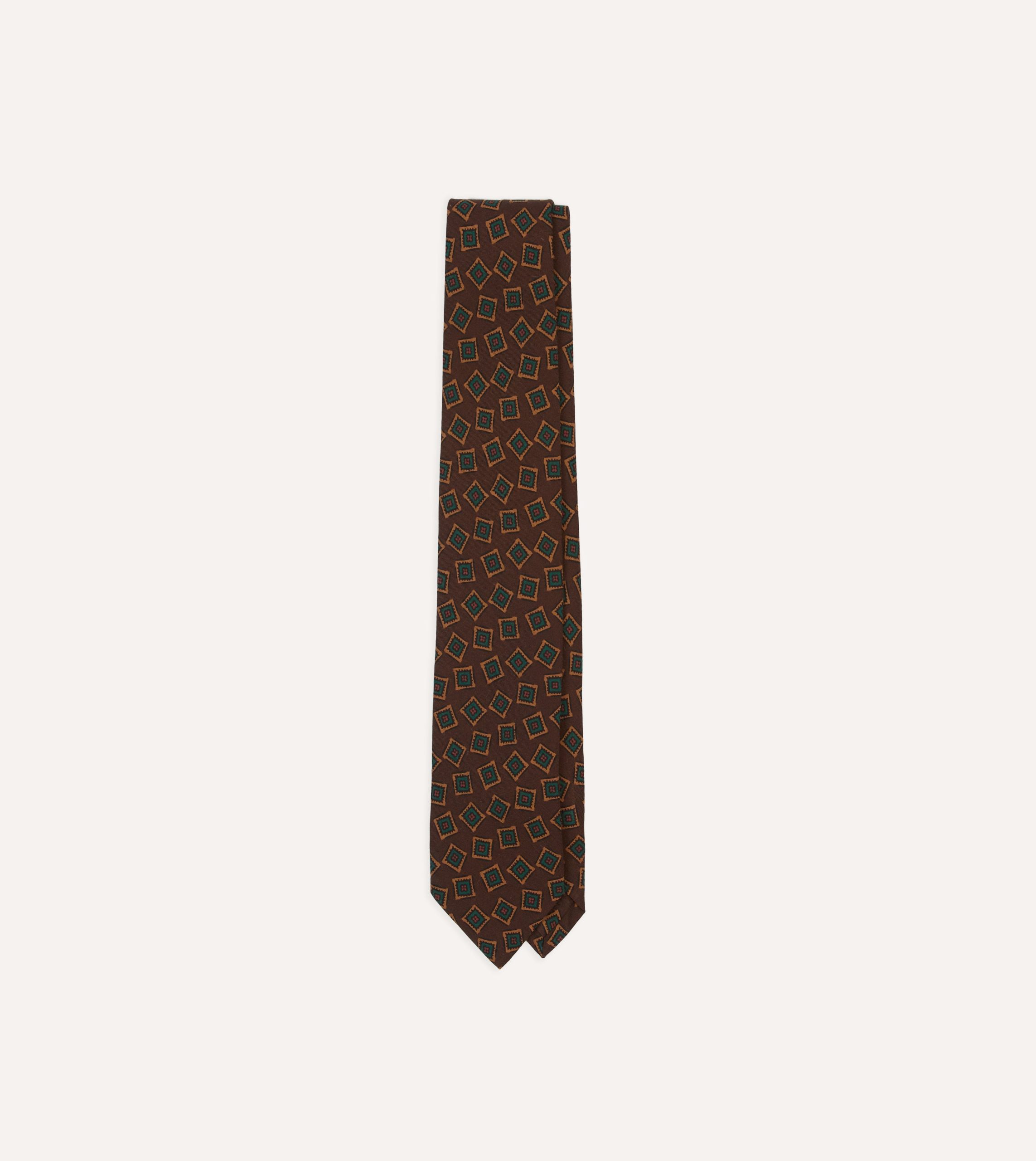 Brown and Green Jumbled Medallion Print Silk Self-Tipped Tie