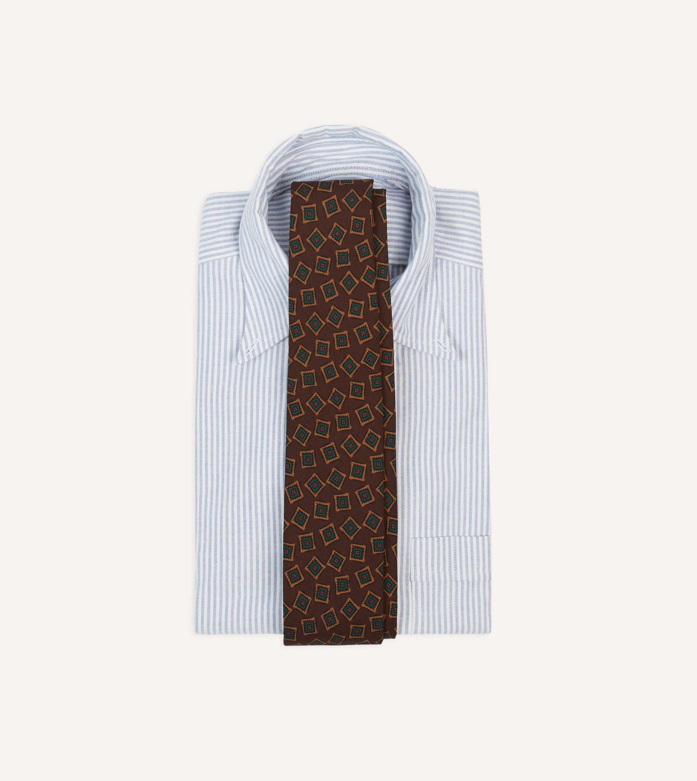 Brown and Green Jumbled Medallion Print Silk Self-Tipped Tie - Image 2