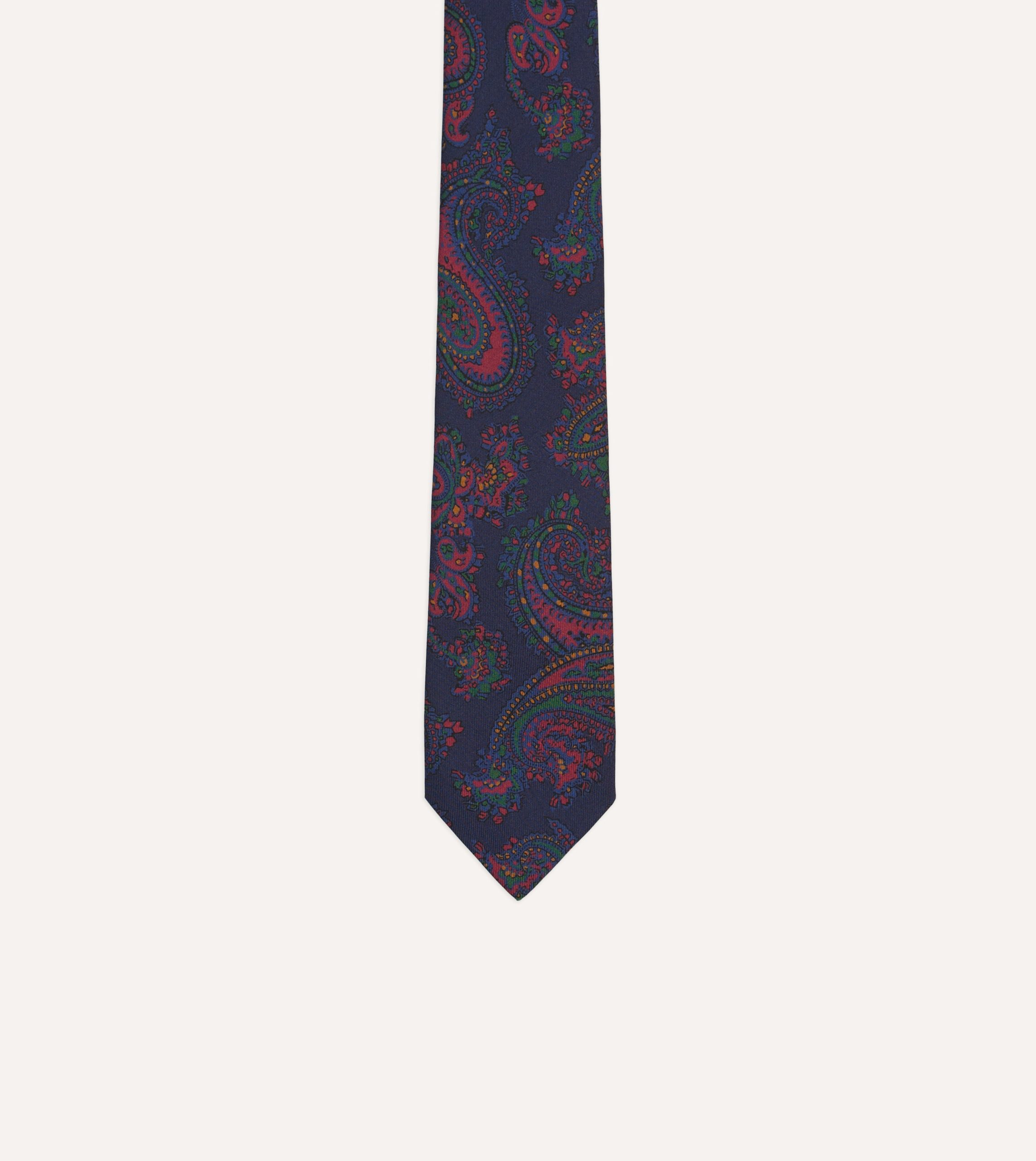 Navy Big Paisley Print Madder Silk Self-Tipped Tie - Image 3