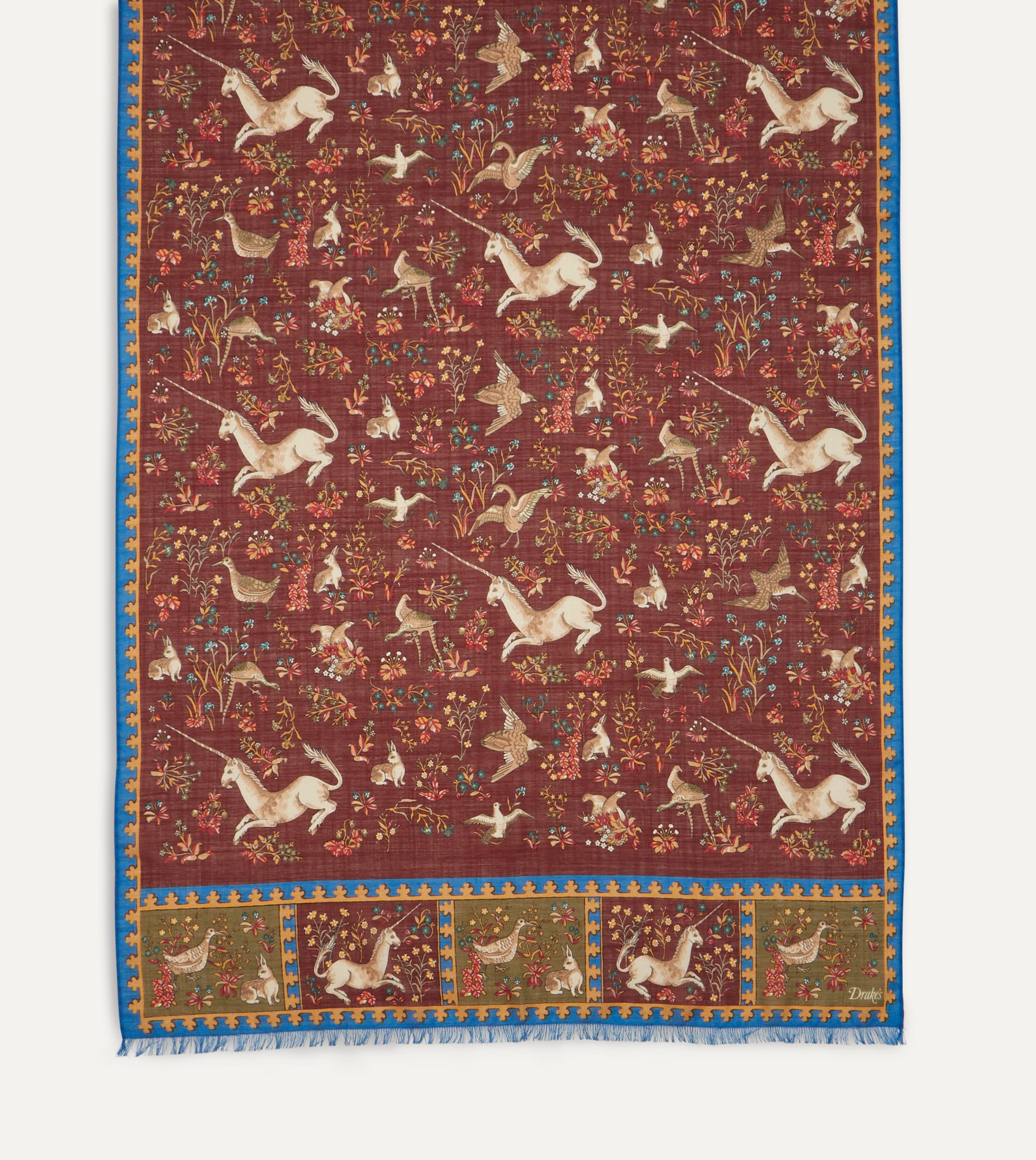 Burgundy Unicorn Print Wool-Silk Scarf - Image 3