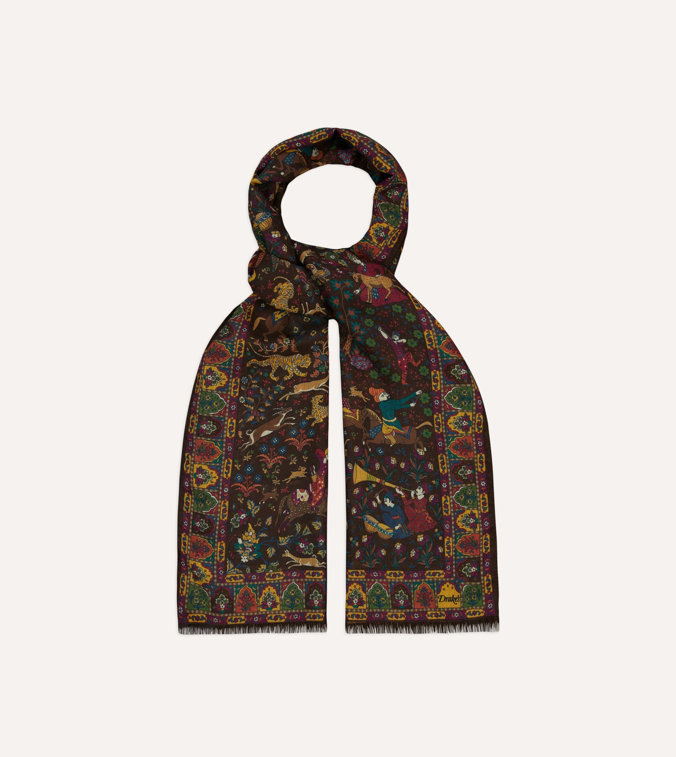 Brown Mughal Hunter Print Wool-Silk Scarf - Image 3
