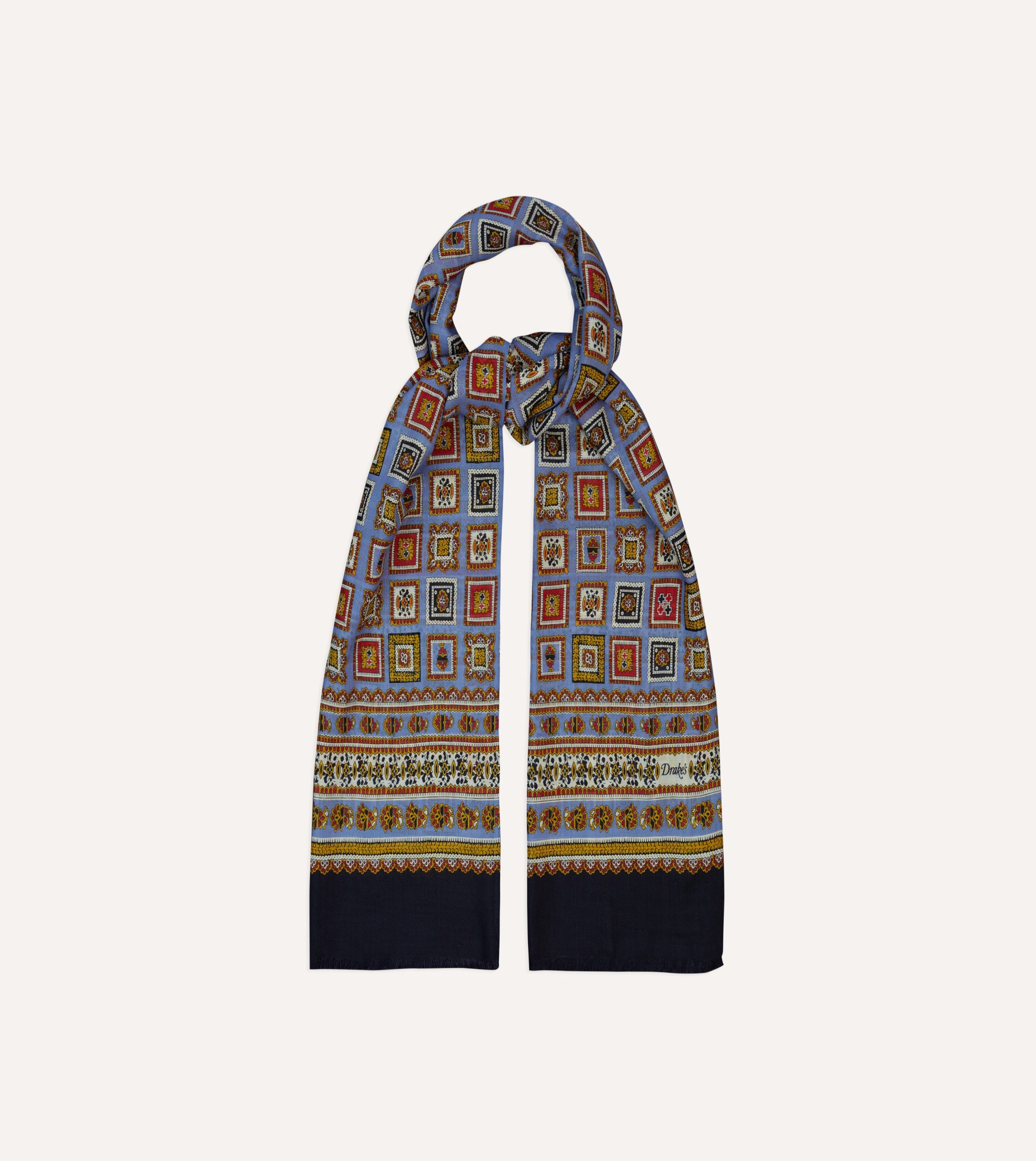 Blue and Black Medallion Print Tubular Wool Silk Scarf - Image 4