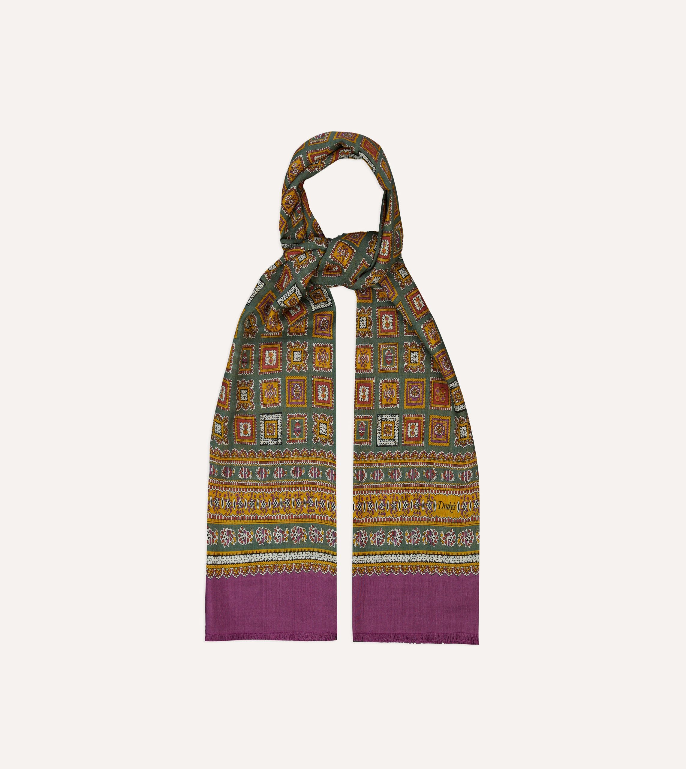 Purple and Green Medallion Print Tubular Wool Silk Scarf - Image 4