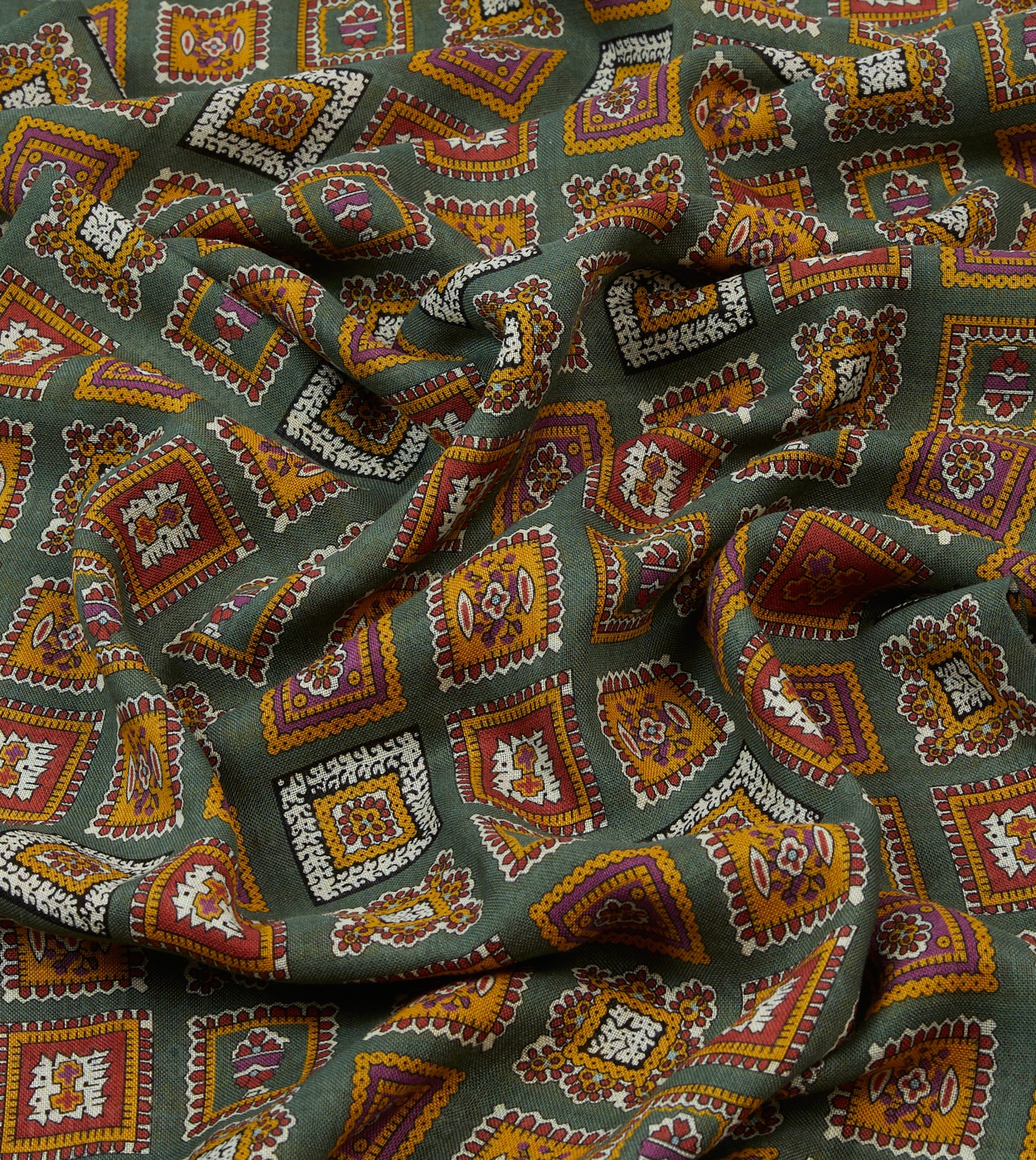 Purple and Green Medallion Print Tubular Wool Silk Scarf - Image 2