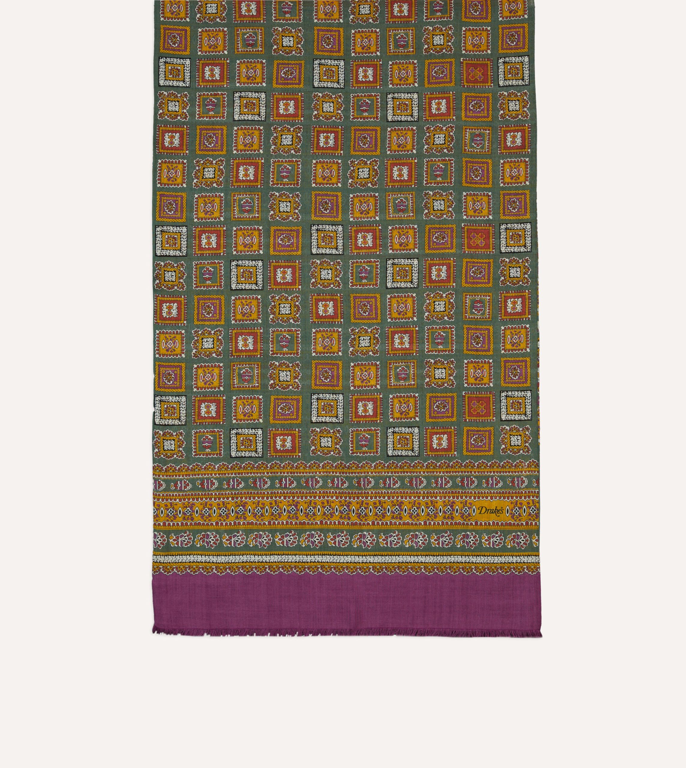 Purple and Green Medallion Print Tubular Wool Silk Scarf - Image 3