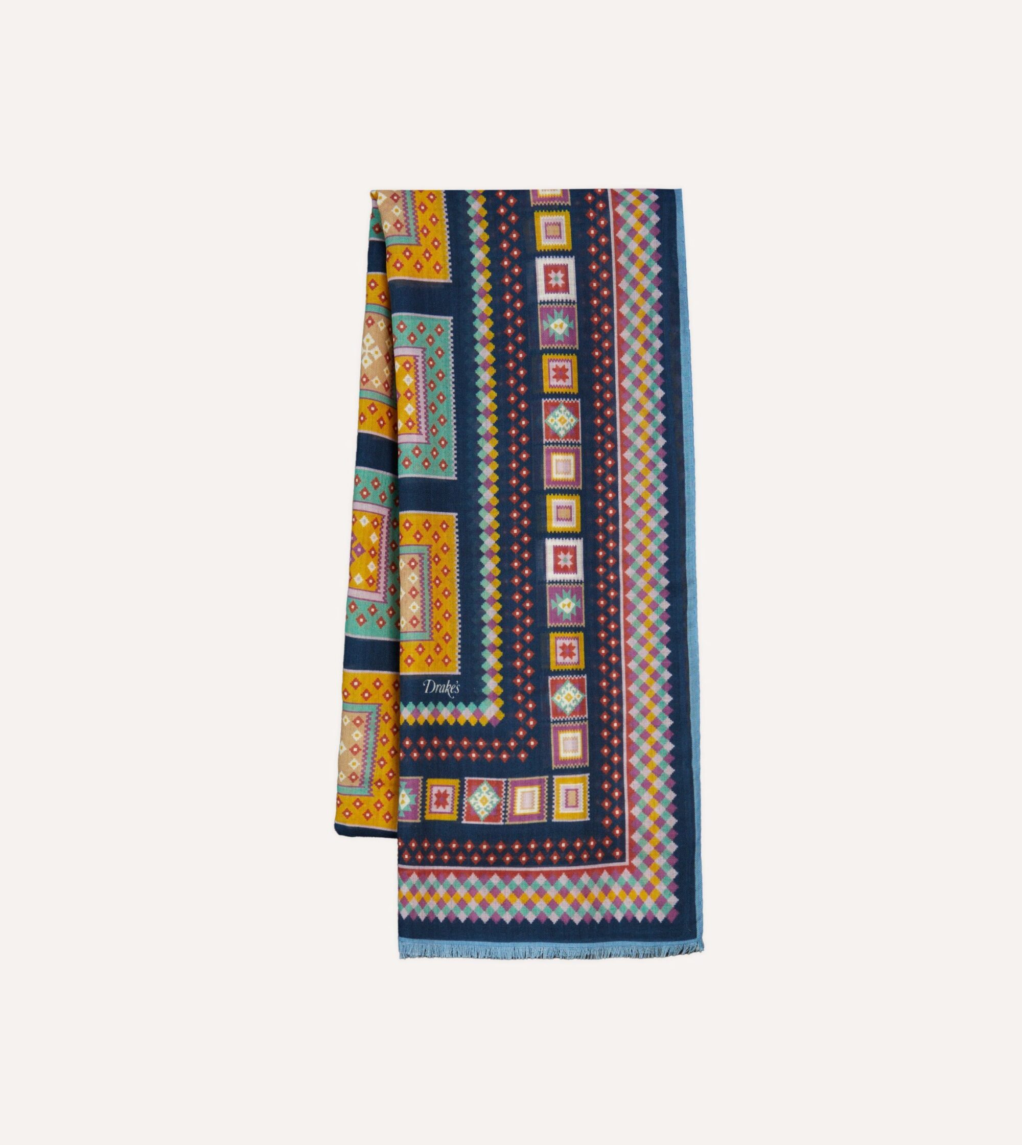 Navy Kilim Blocks Print Wool-Silk Scarf