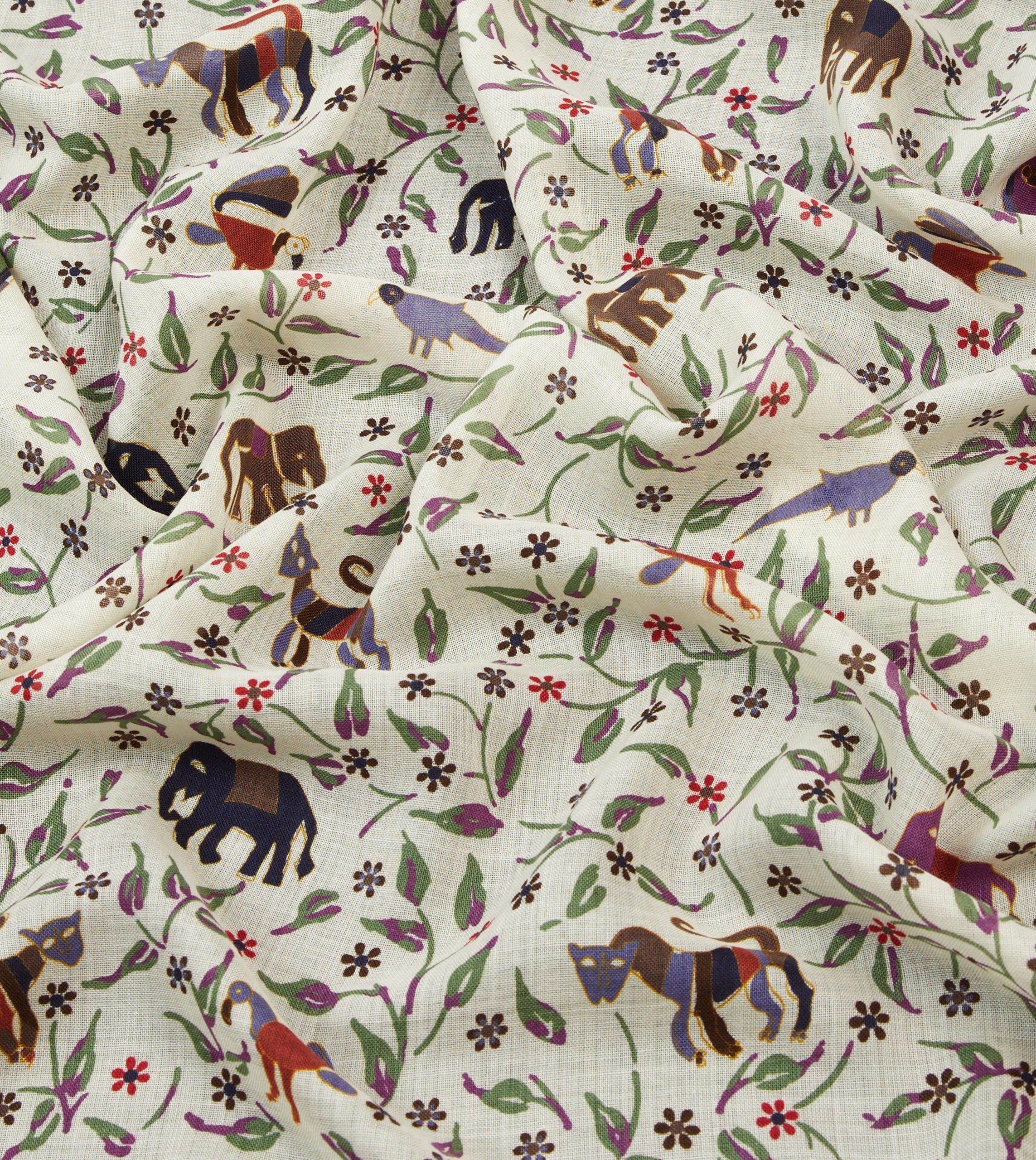 Ecru Elephants and Flowers Print Wool-Silk Scarf - Image 2