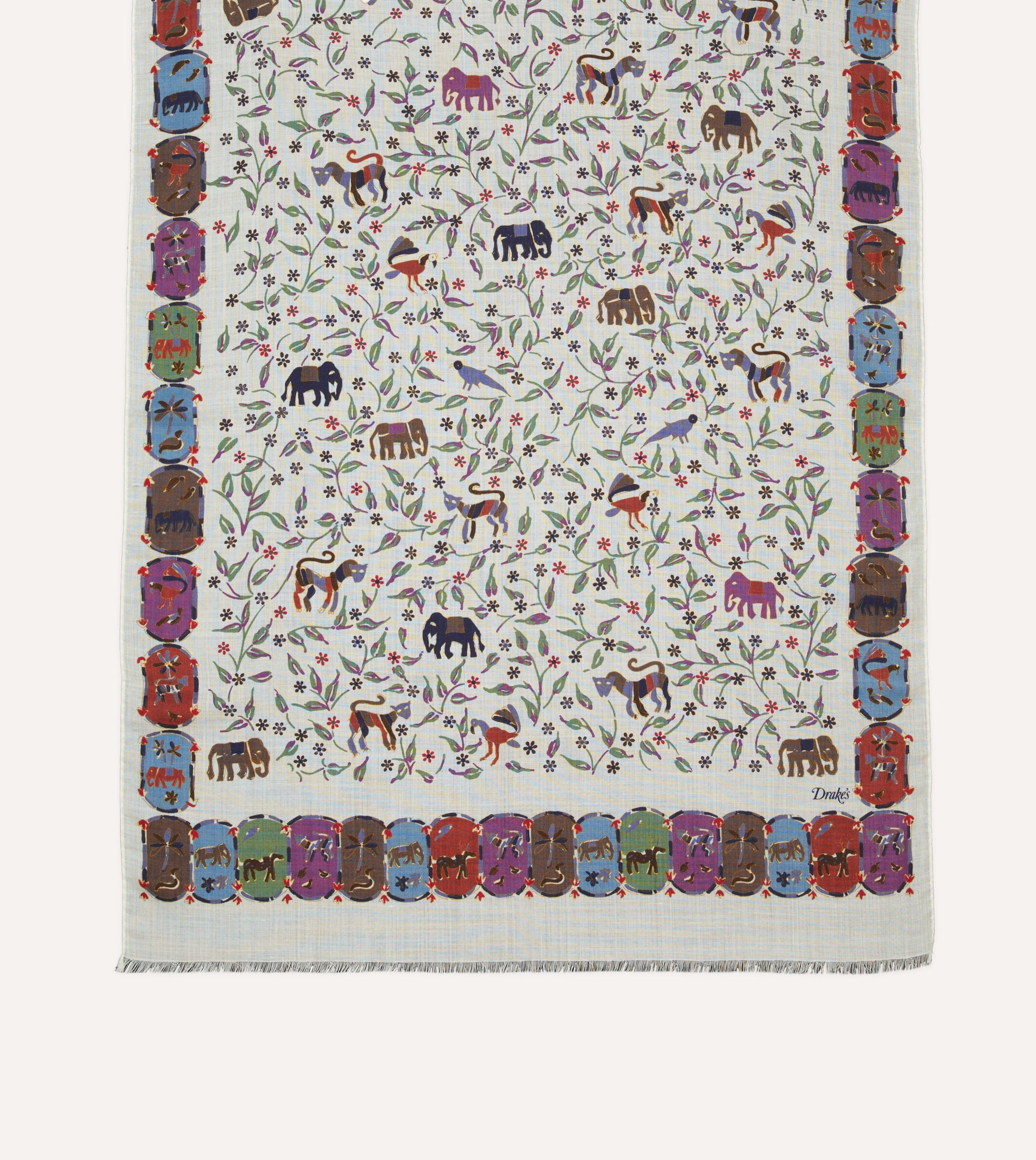 Ecru Elephants and Flowers Print Wool-Silk Scarf - Image 3