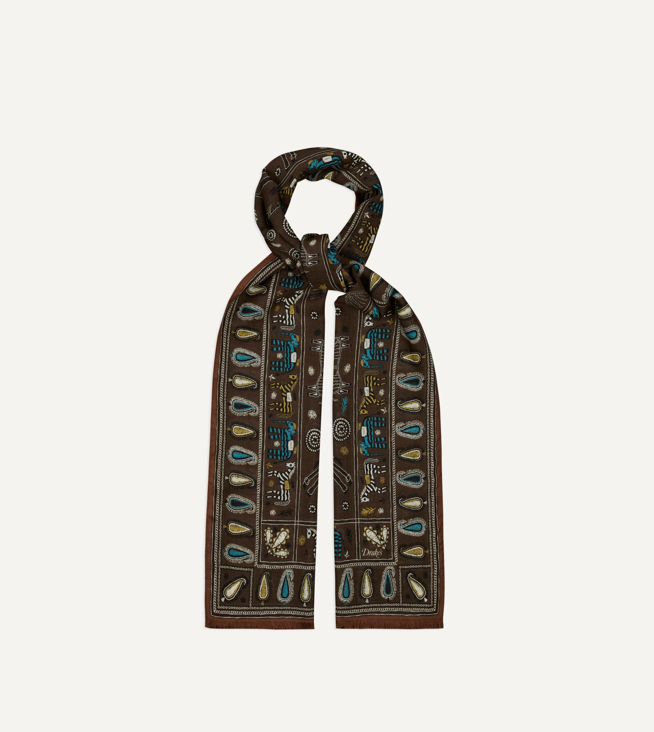 Brown Rustic Elephant Print Wool-Silk Scarf - Image 4