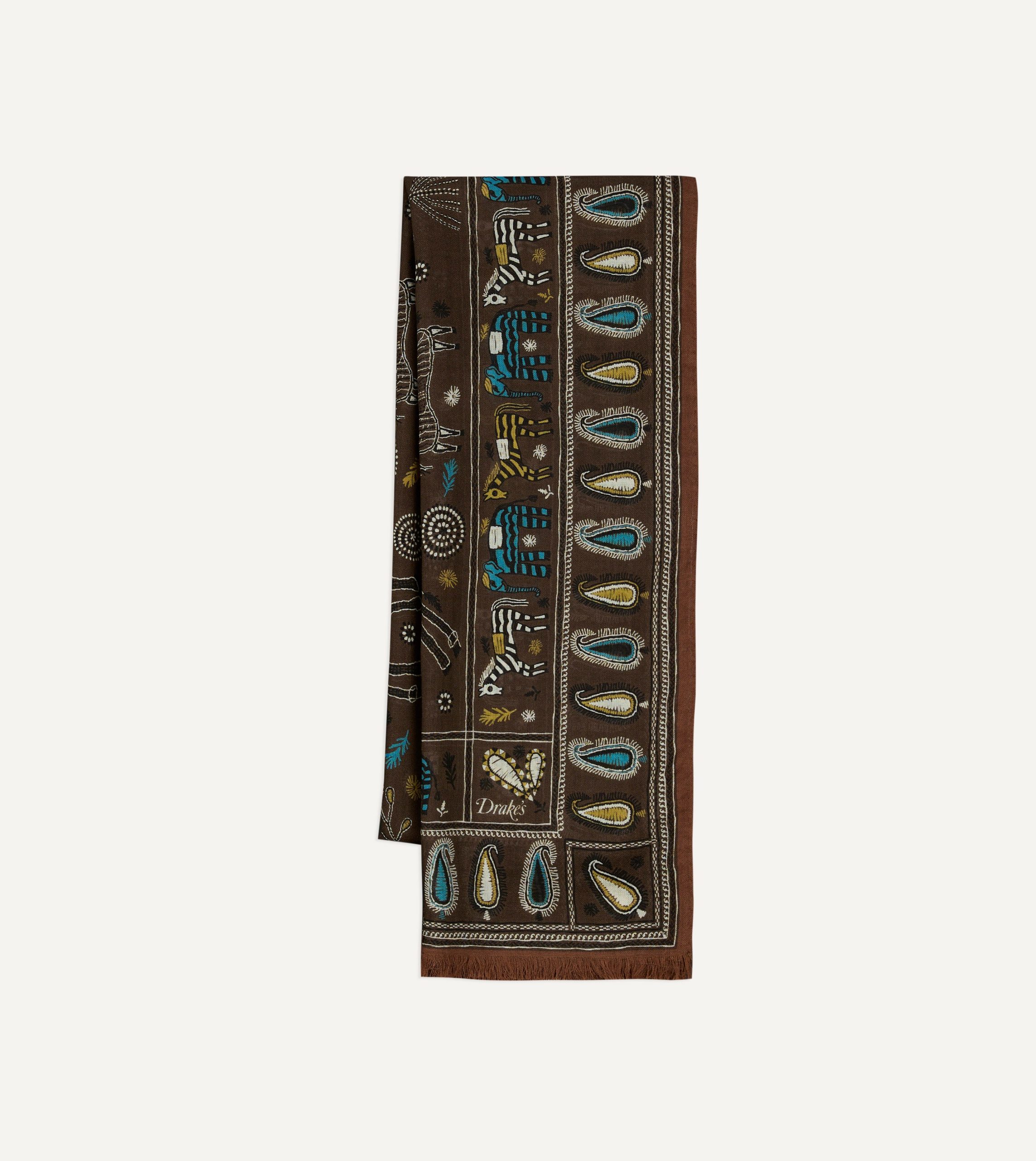 Brown Rustic Elephant Print Wool-Silk Scarf