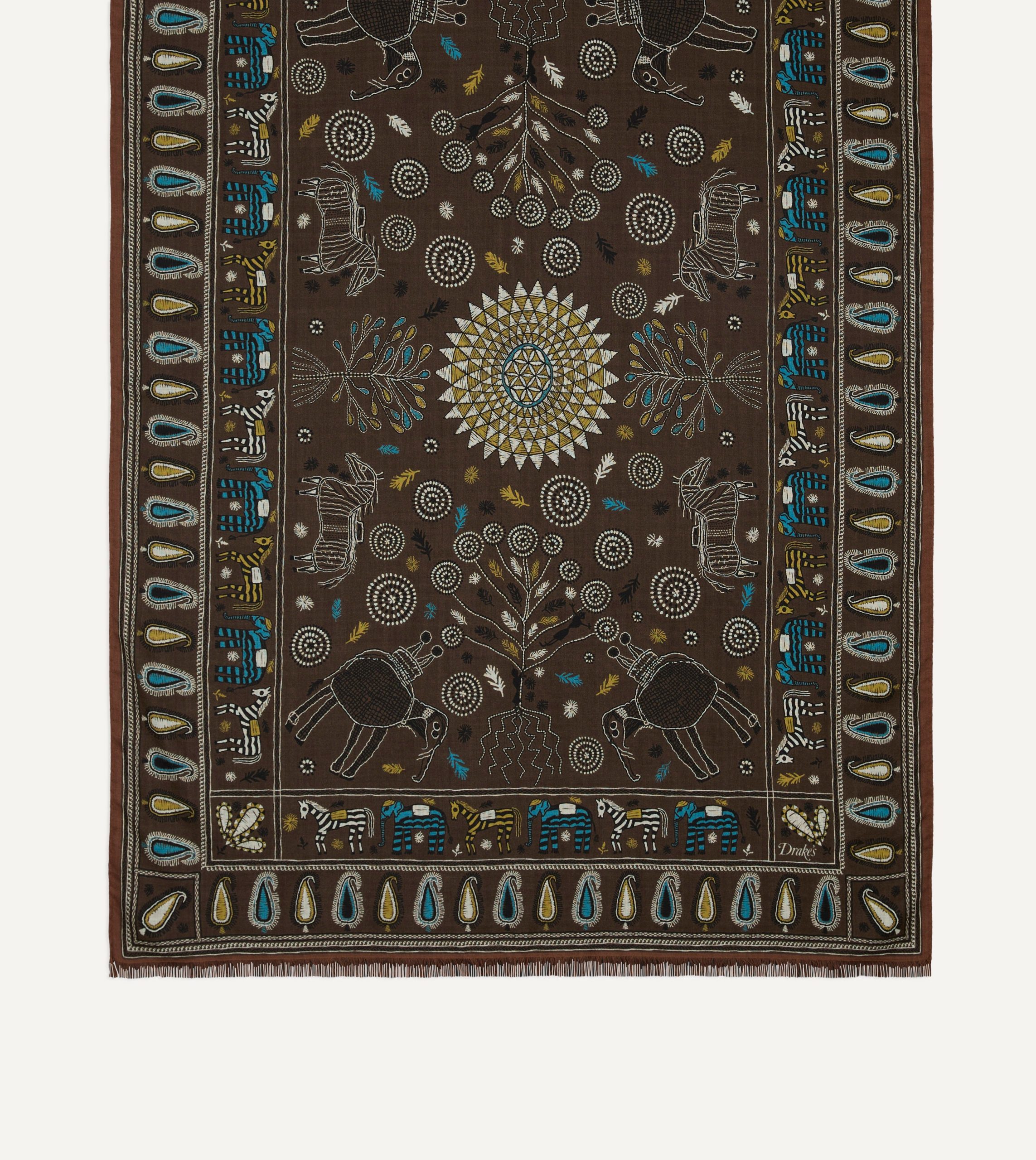 Brown Rustic Elephant Print Wool-Silk Scarf - Image 3