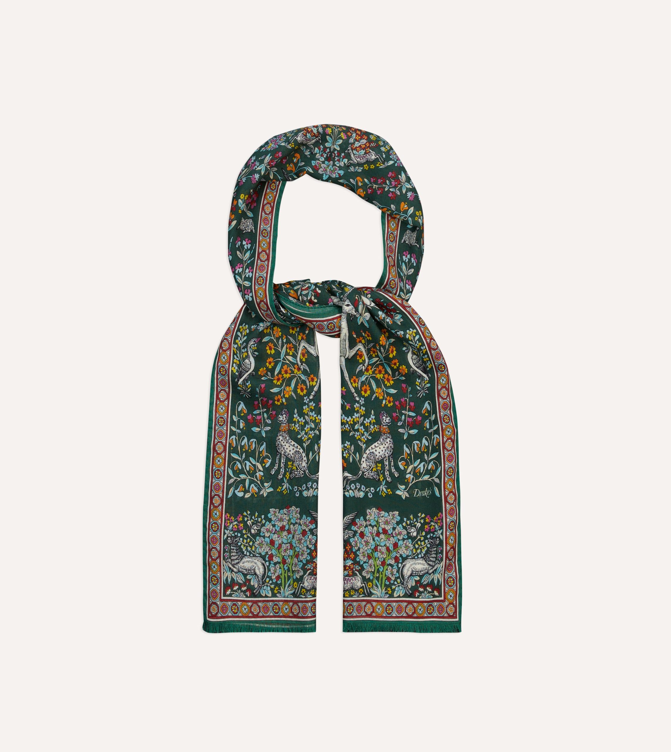 Green Forest Animals Print Wool-Silk Scarf - Image 4