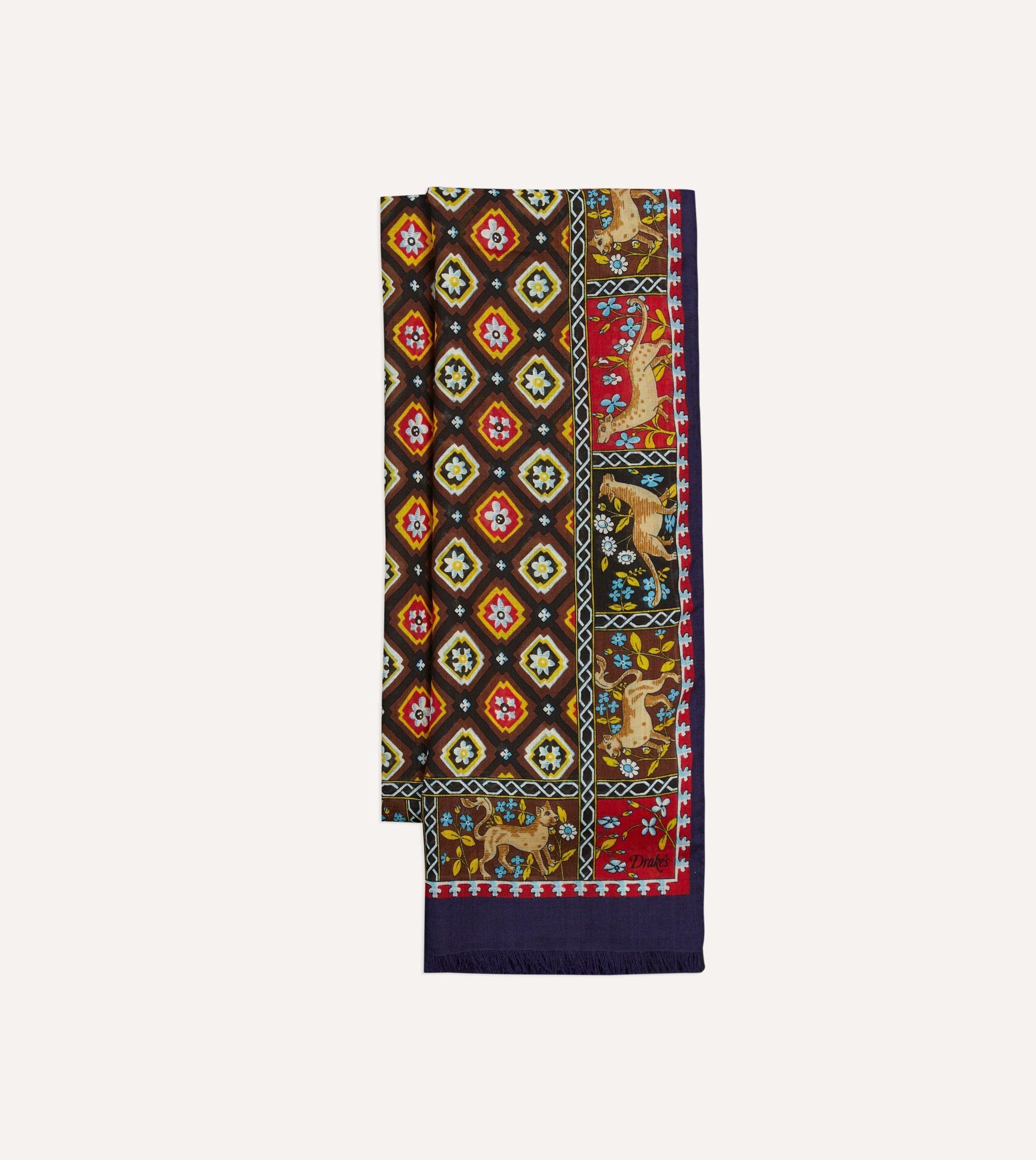 Navy and Brown Animal Border Medallion Print Wool-Silk Scarf
