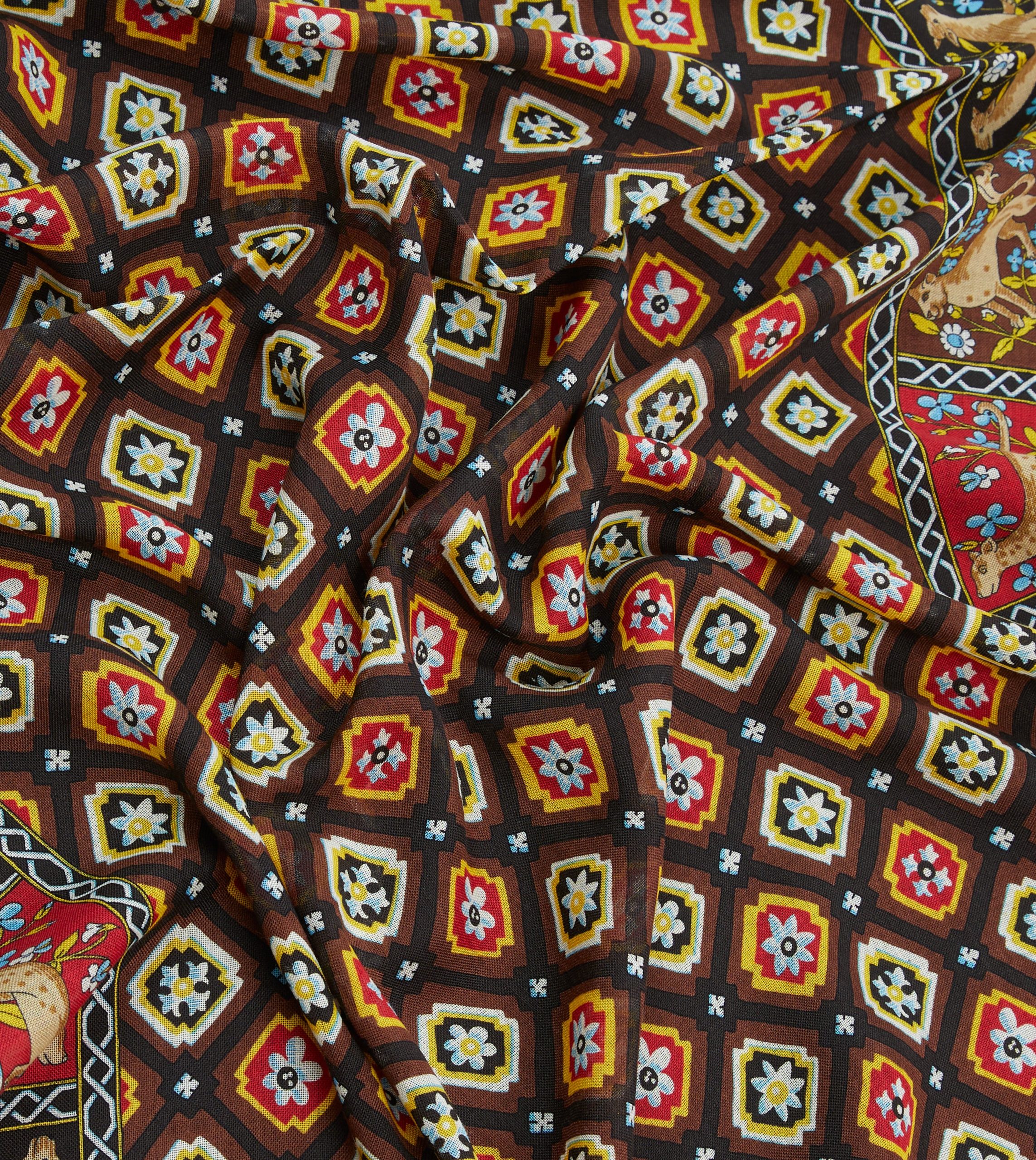 Navy and Brown Animal Border Medallion Print Wool-Silk Scarf - Image 2