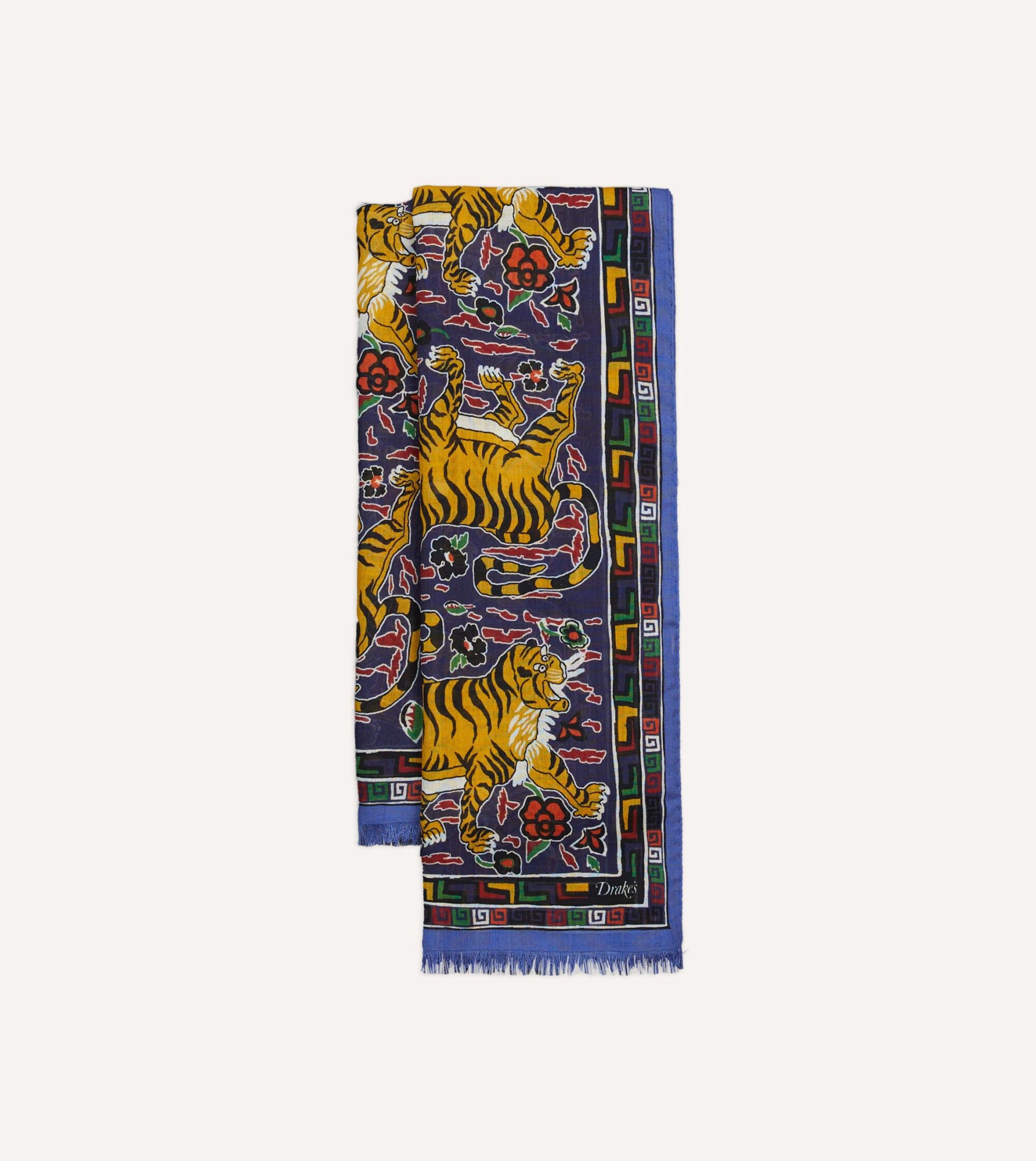 Blue Tiger Print Wool-Silk Scarf