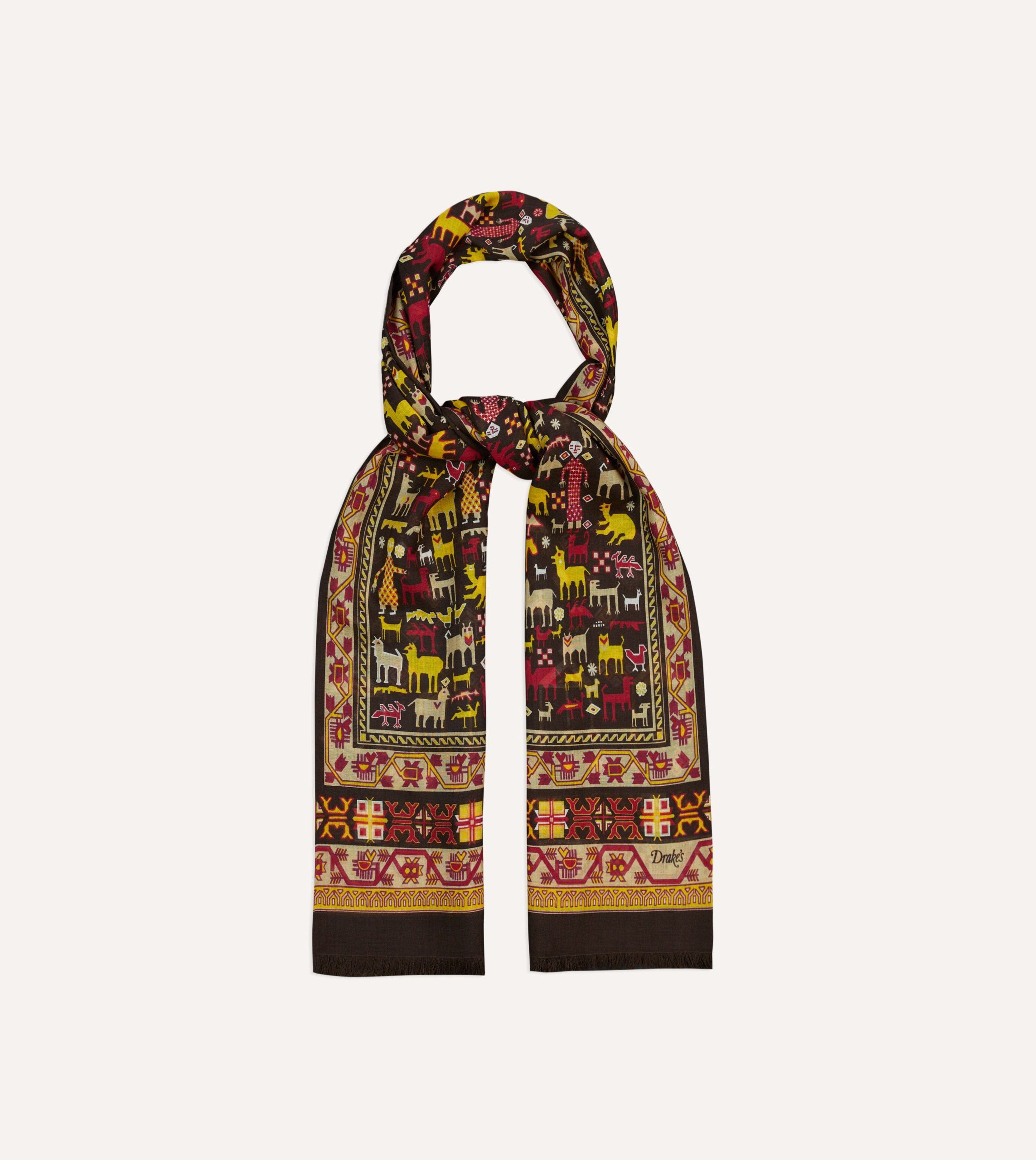 Brown Shaman Print Tubular Wool-Silk Scarf - Image 3