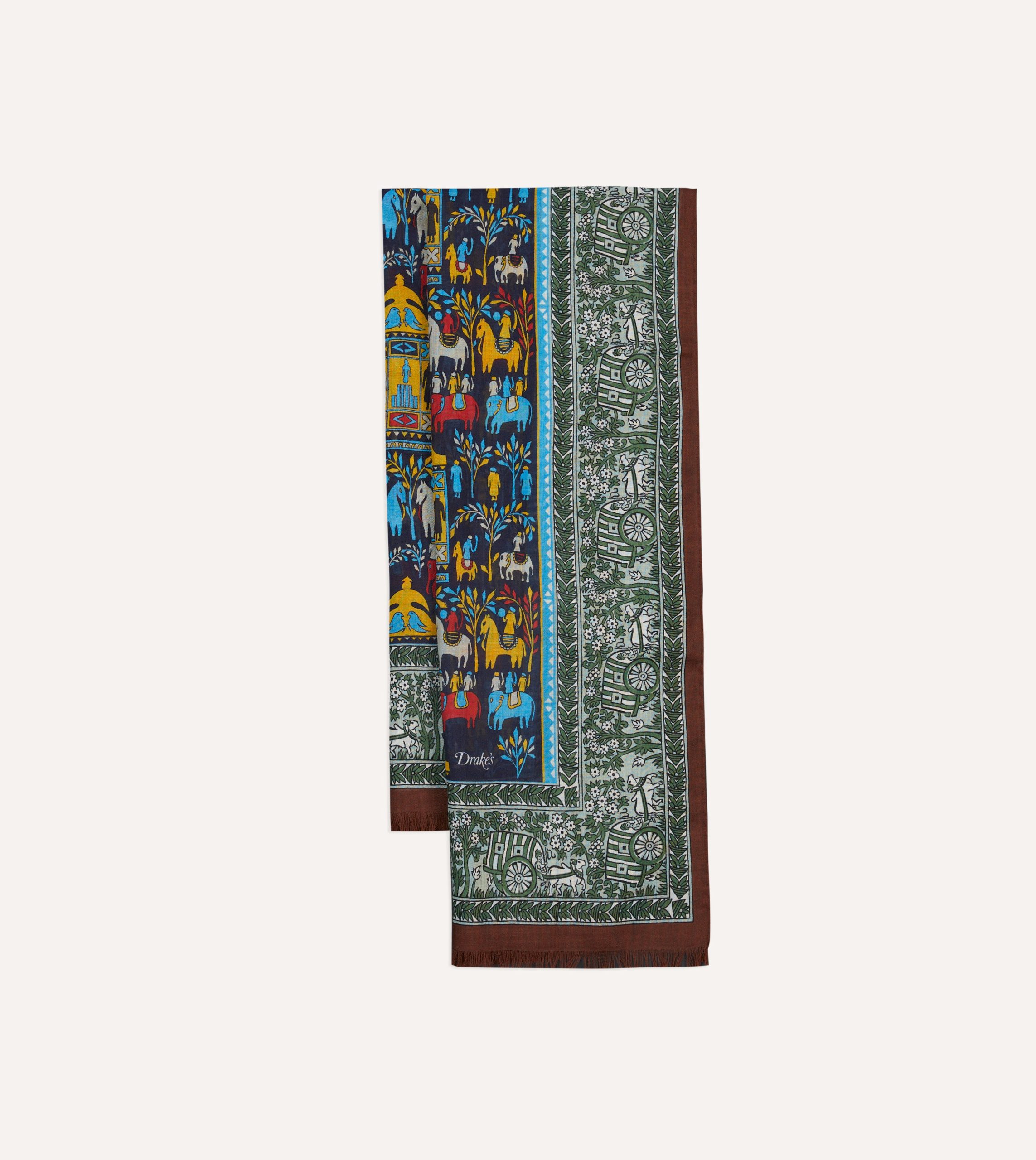 Navy Elephant Village Print Wool-Silk Scarf