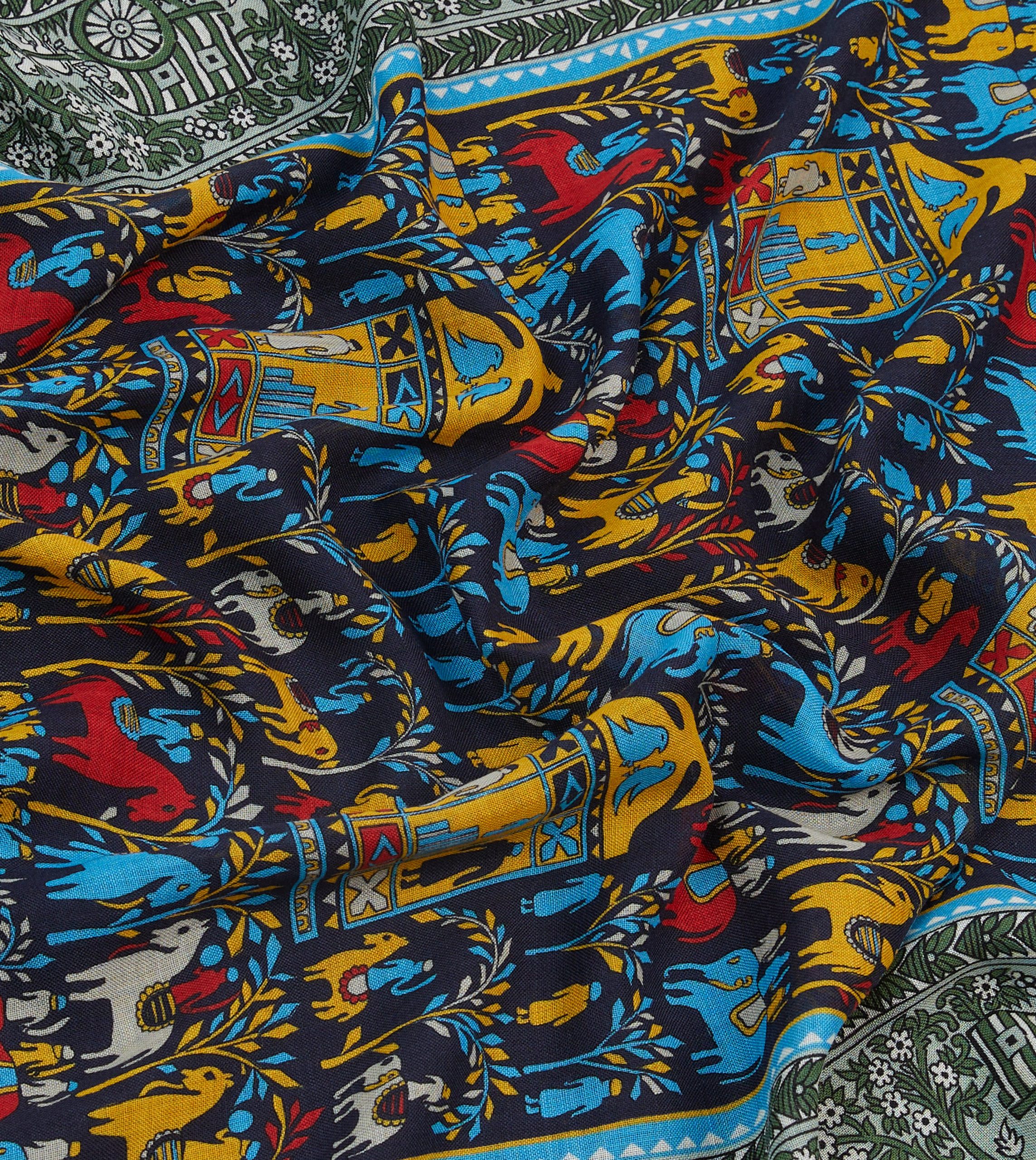 Navy Elephant Village Print Wool-Silk Scarf - Image 2