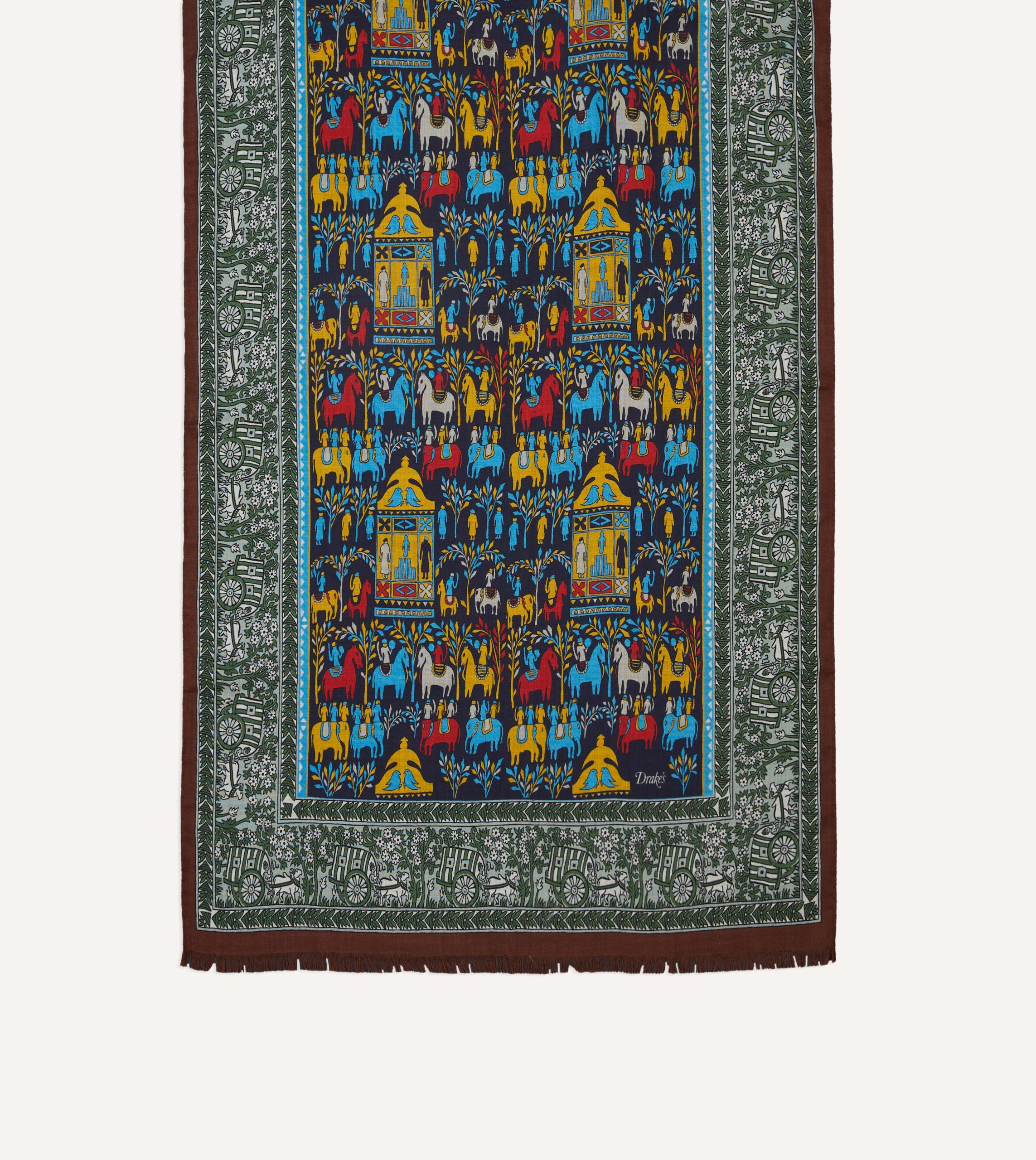 Navy Elephant Village Print Wool-Silk Scarf - Image 3