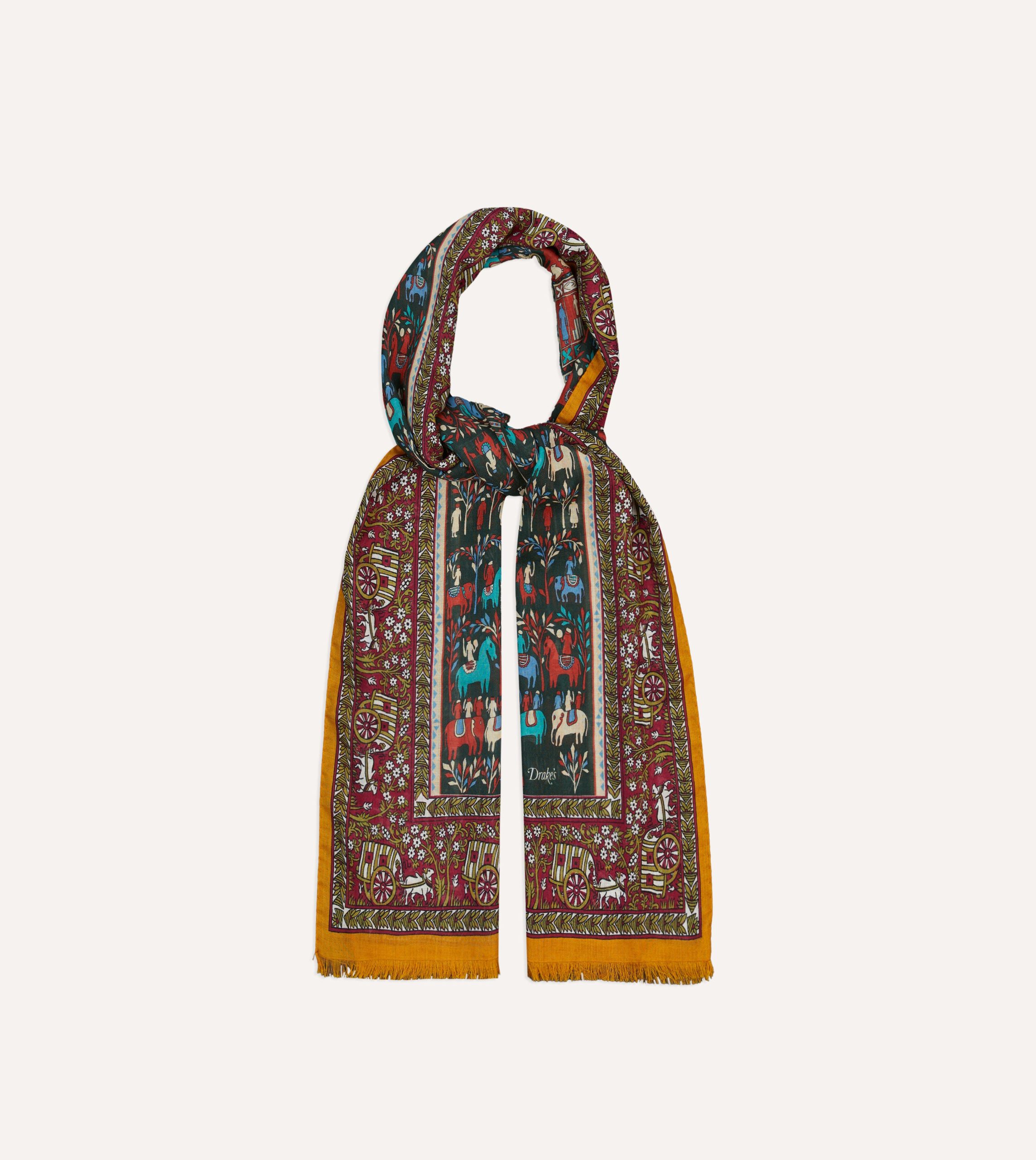 Burgundy Elephant Village Print Wool-Silk Scarf - Image 4