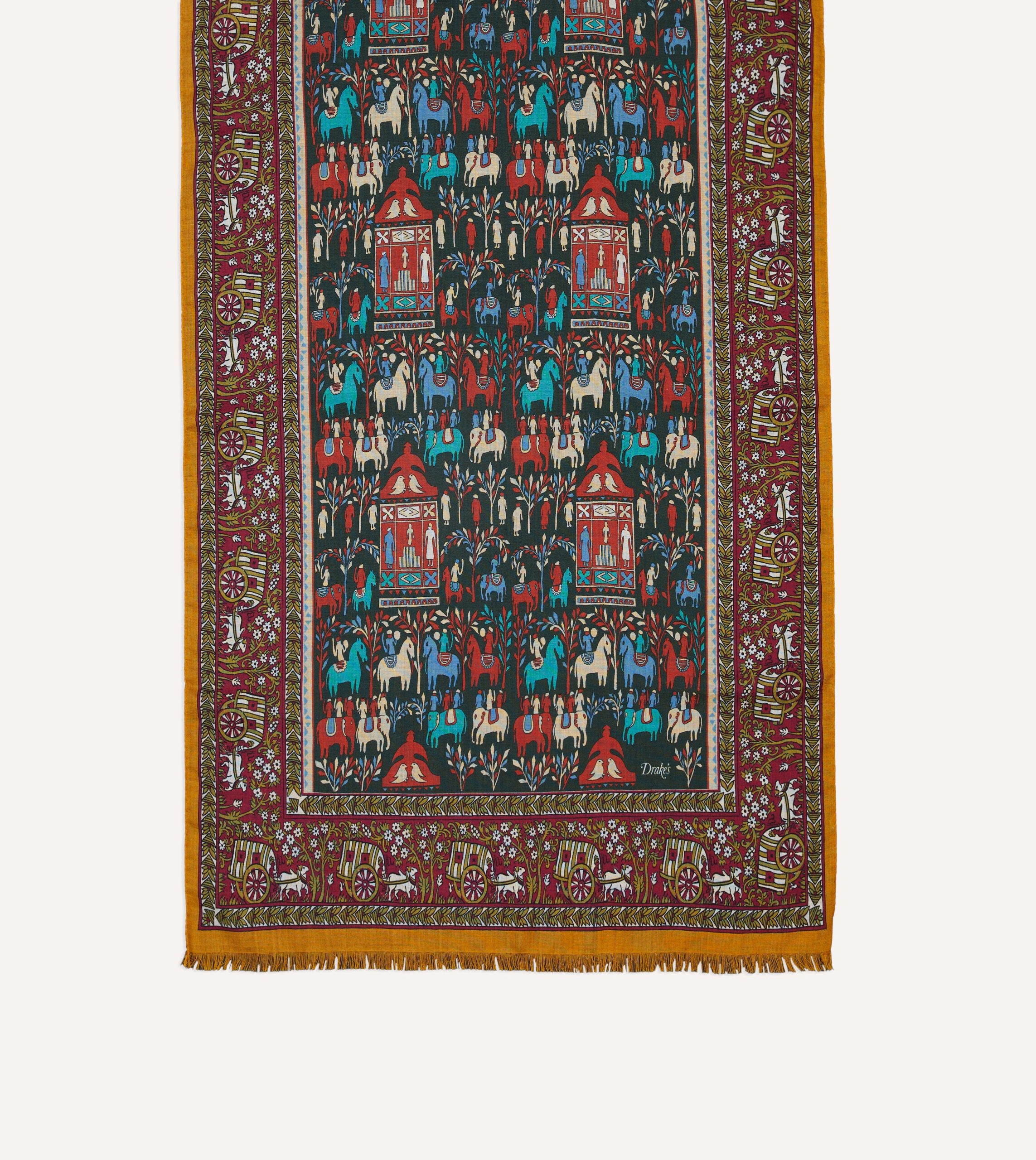 Burgundy Elephant Village Print Wool-Silk Scarf - Image 3
