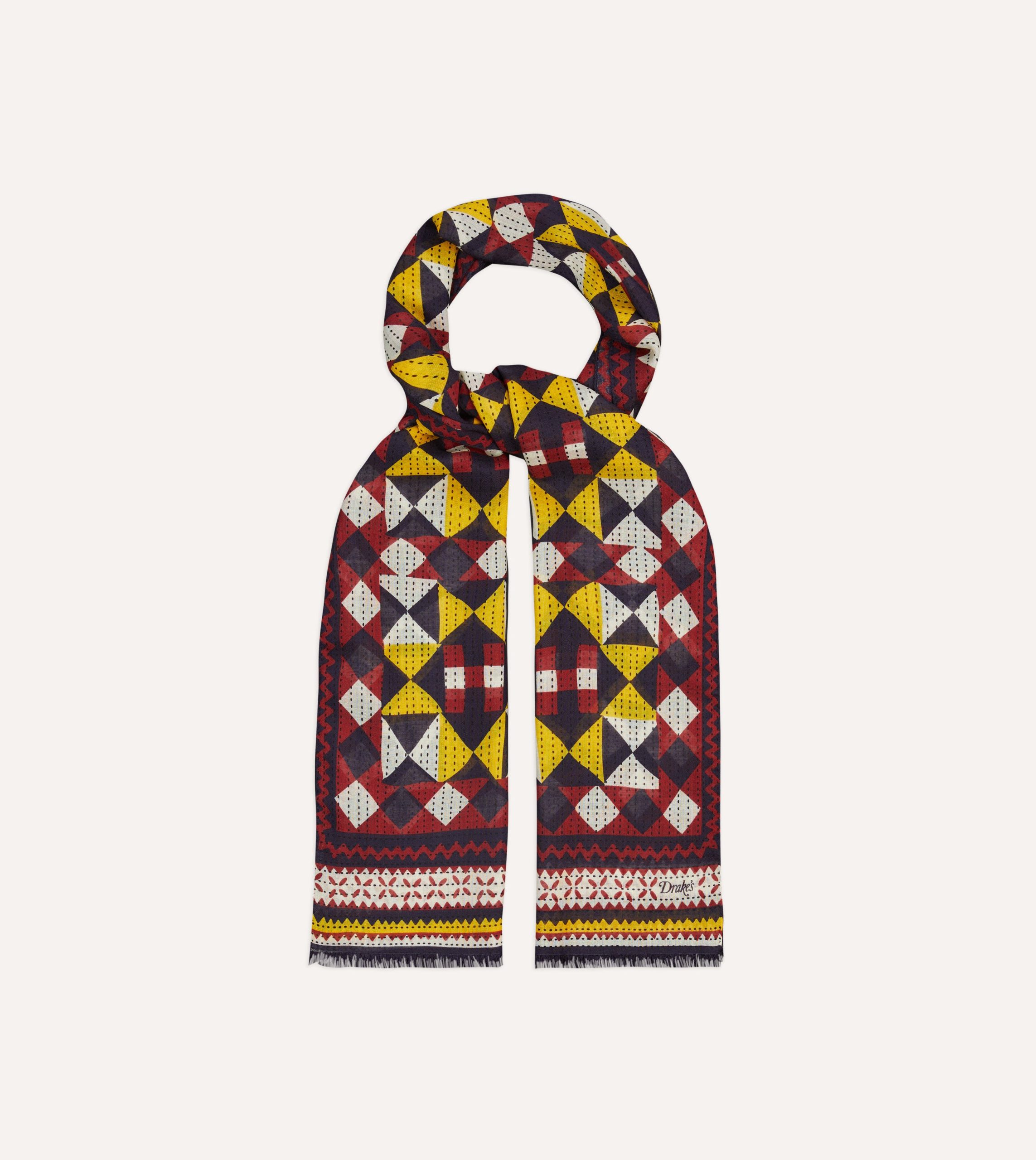 Red and Yellow Patchwork Print Wool-Silk Scarf - Image 4