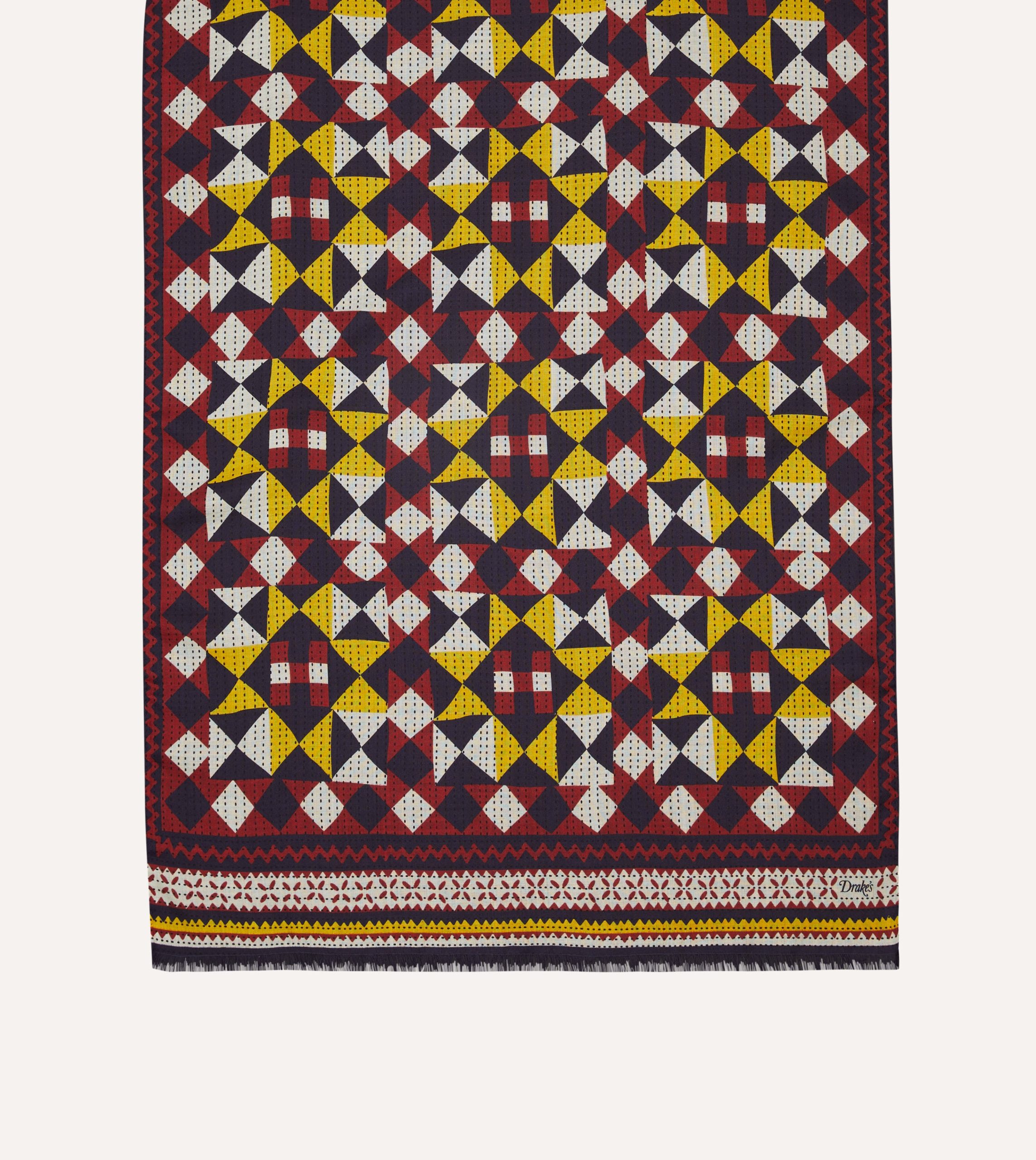 Red and Yellow Patchwork Print Wool-Silk Scarf - Image 3