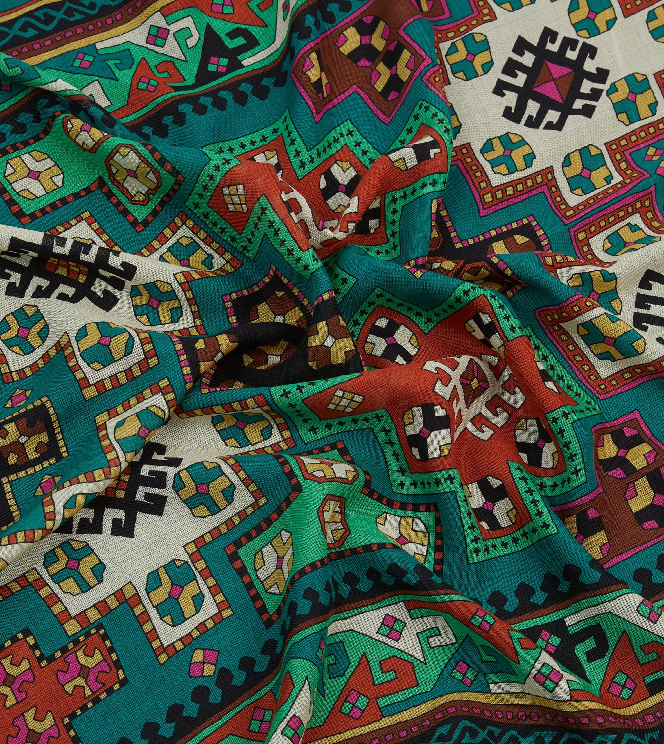 Green Kilim Print Wool-Silk Scarf - Image 2