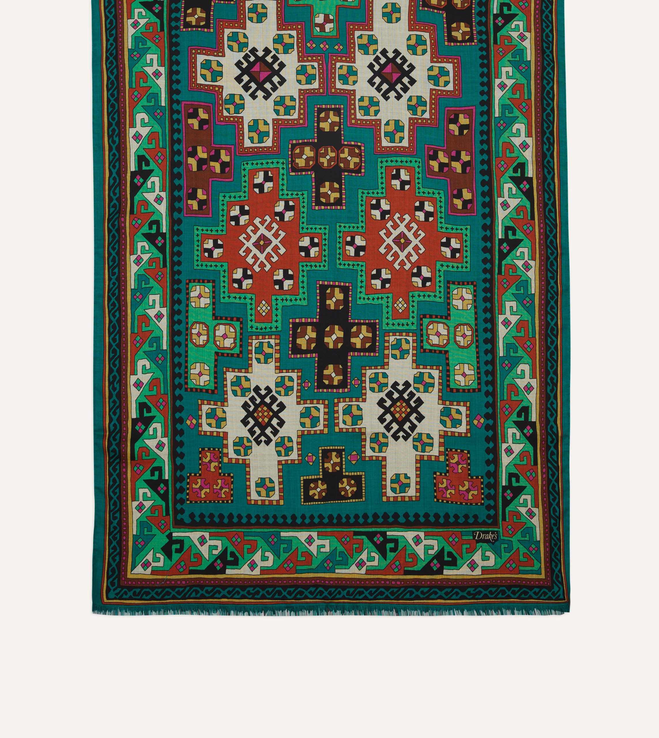 Green Kilim Print Wool-Silk Scarf - Image 4