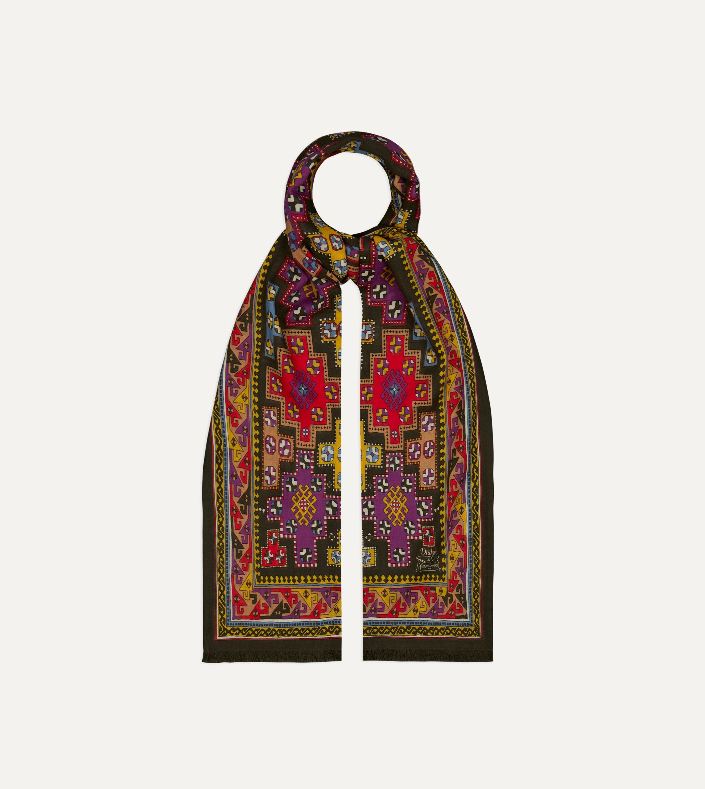Drake's by A. Levine Black Geometric Print Tubular Wool Silk Scarf - Image 4